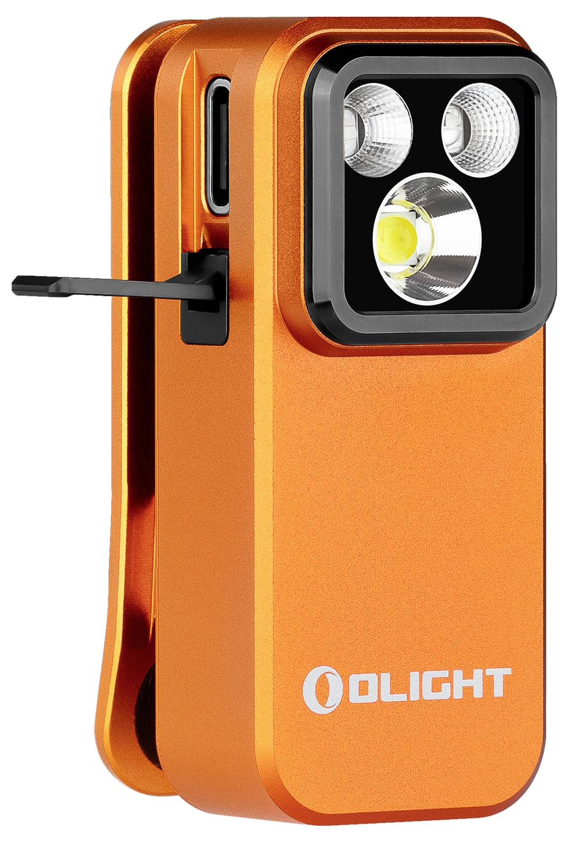 „Orange Olight Taschenlampenclip; kompaktes Design mit zwei LEDs und seitlichem Schalter sowie Markenlogo; ideal für freihändige Beleuchtung.