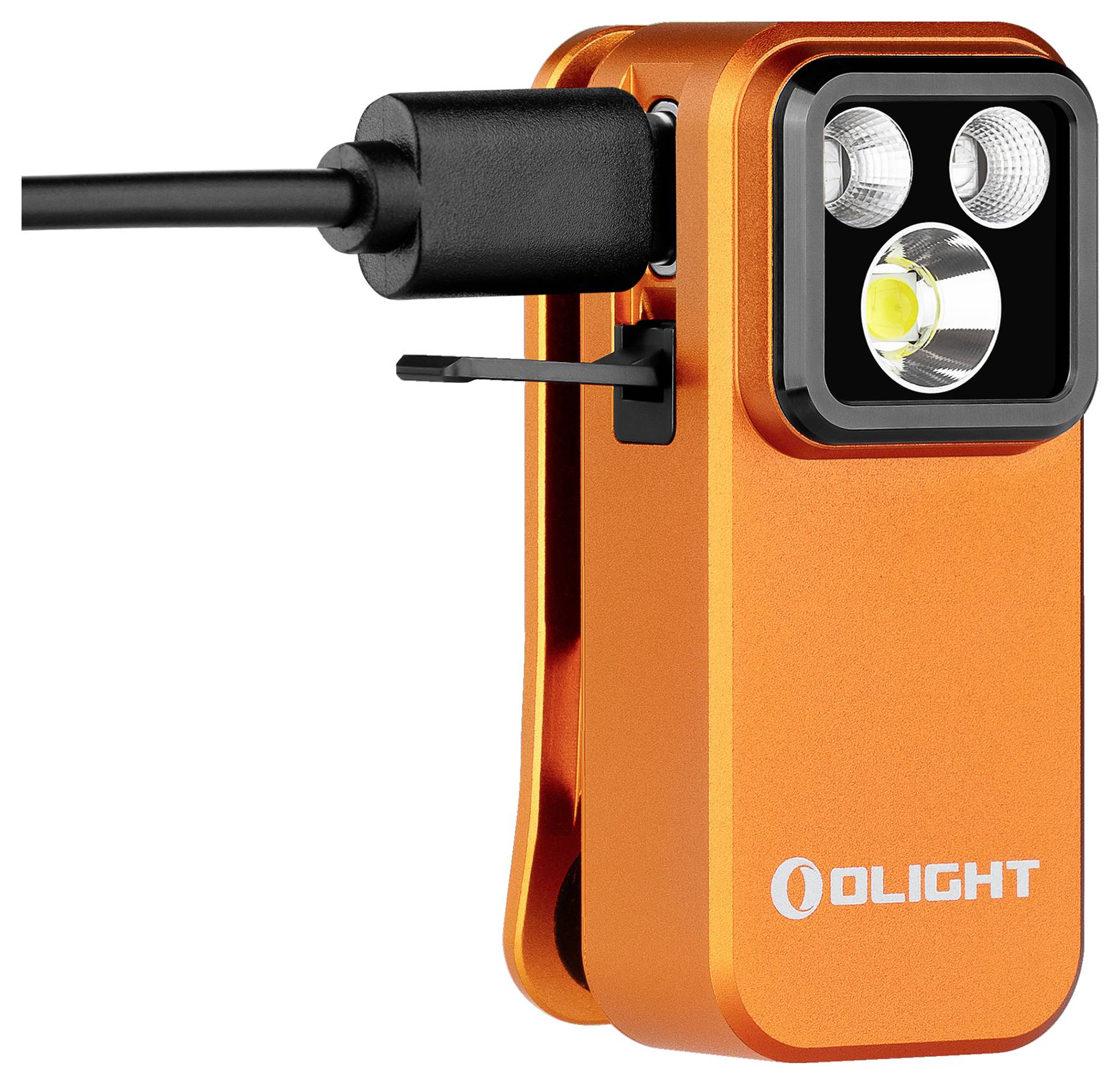 Eine orangefarbene Olight-Taschenlampe mit zwei LED-Lichtern, magnetischer Basis und angebrachtem Ladekabel.