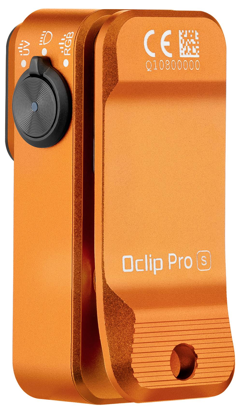 Orange 'Oclip Pro S' Klipp mit Knopf und CE-Kennzeichnung. Konstruiert zur Befestigung mit strukturiertem Griff und kompaktem Design.