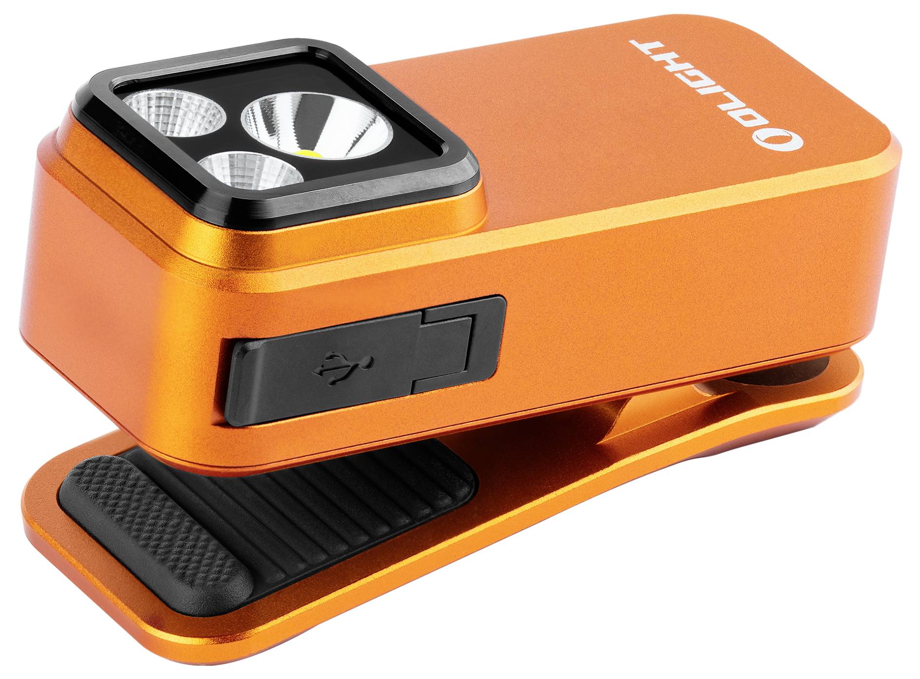 Orange Klipplampe mit drei LED-Lampen, USB-Ladeanschluss und strukturierter Griffmulde, entwickelt für freihändige Beleuchtung.