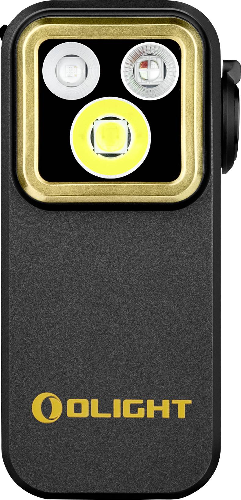 Eine tragbare Taschenlampe in Schwarz und Gold mit Doppellinsen und dem Text „OLIGHT