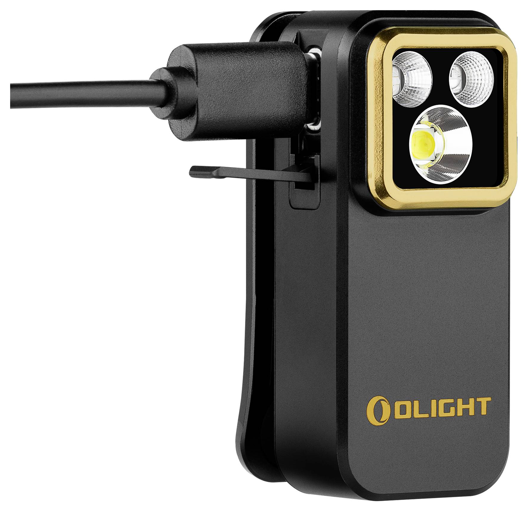 Eine kompakte schwarze Taschenlampe mit goldeinfasstem quadratischem Gesicht, ausgestattet mit zwei LED-Leuchten an der Vorderseite. Sie hat ein angeschlossenes Ladekabel.