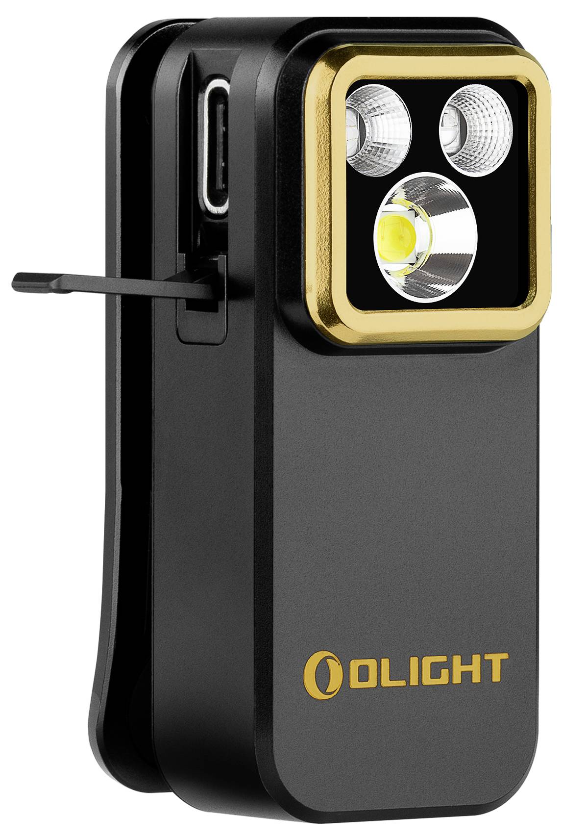 Eine schwarze und goldene kompakte Taschenlampe mit dem Markennamen "Olight" auf der Vorderseite, mit einem USB-Anschluss und drei Lichtobjektiven.