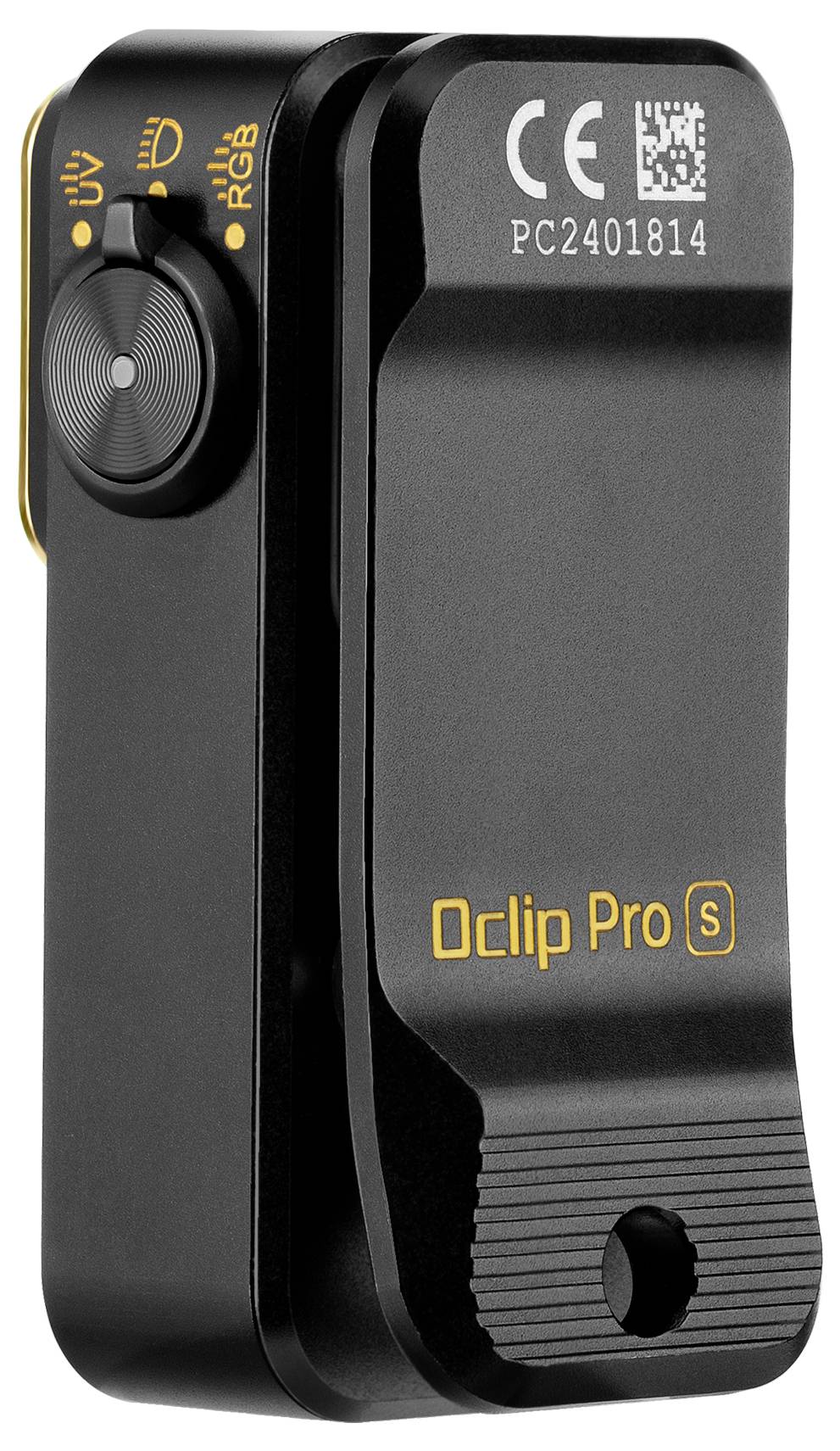 Ein kompaktes, schwarzes Oclip Pro S-Gerät mit einer Seitenknopf und LED-Anzeigen, entwickelt zum Montieren, gezeigt mit Branding und Modelldetails.