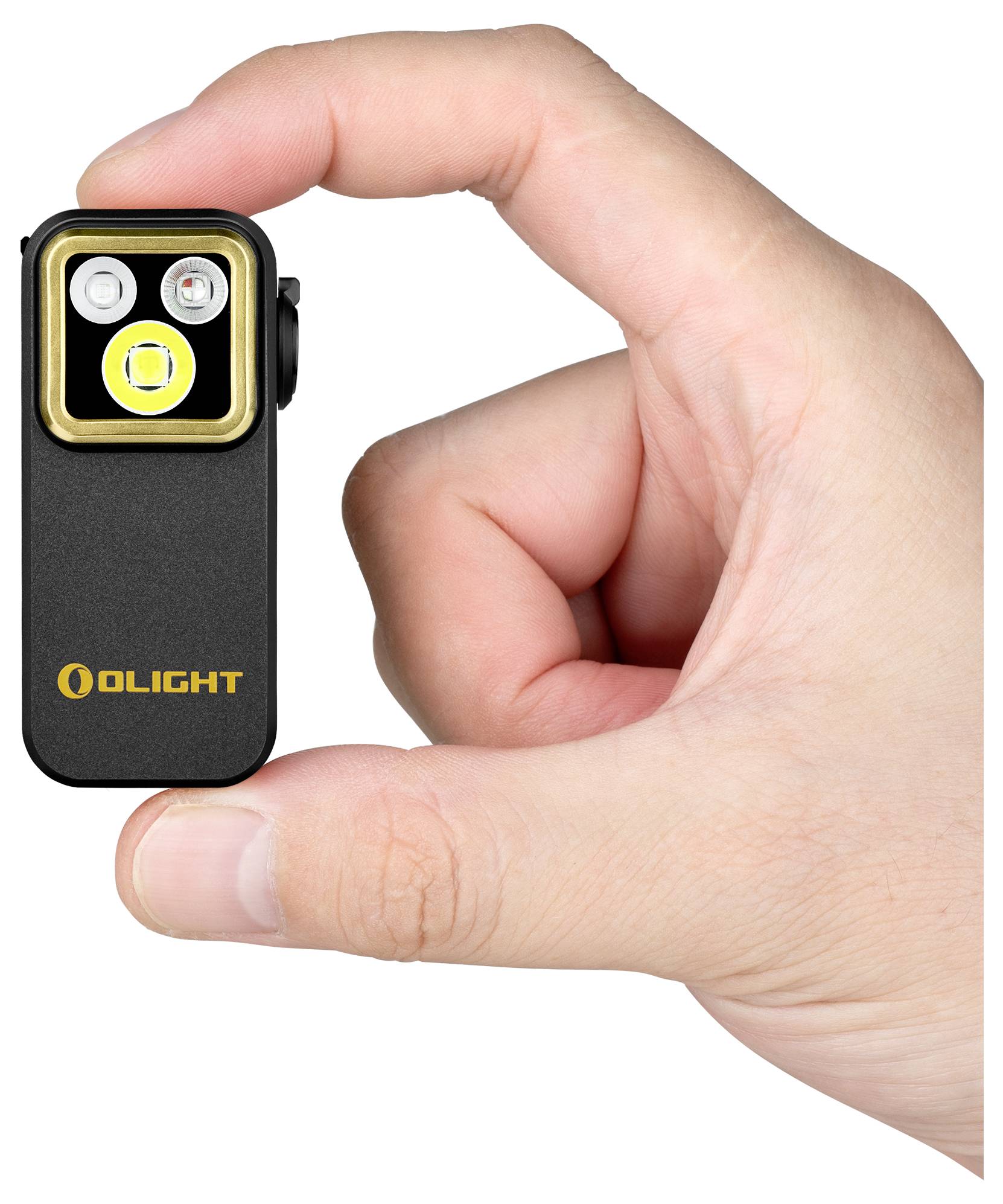 Eine Hand, die eine kleine schwarze Taschenlampe hält, das "Olight"-Logo ist sichtbar. Die Taschenlampe verfügt über ein Dual-Light-Design mit einer hellen LED.