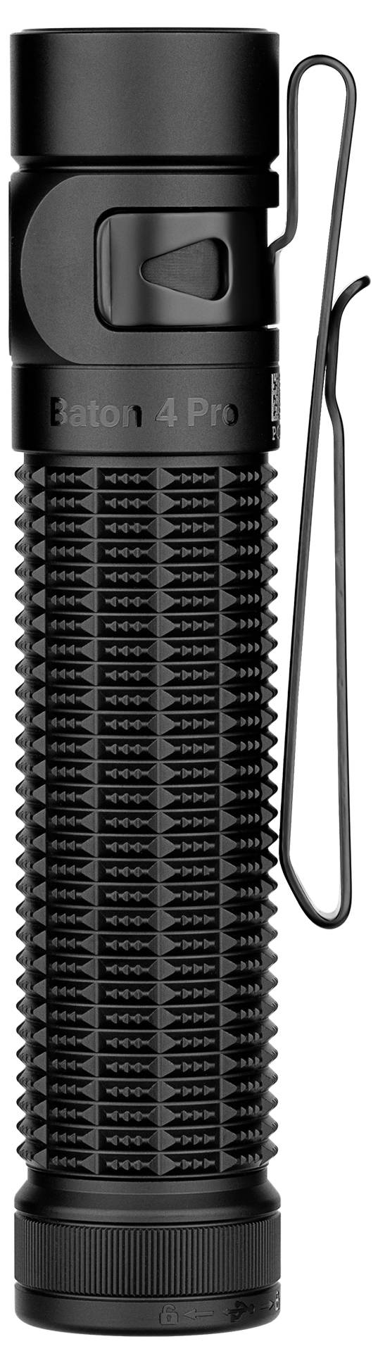 Eine schwarze, strukturierte Taschenlampe mit zylindrischer Form und seitlich angebrachtem Clip, entworfen für bequemes Tragen und einfache Zugänglichkeit.