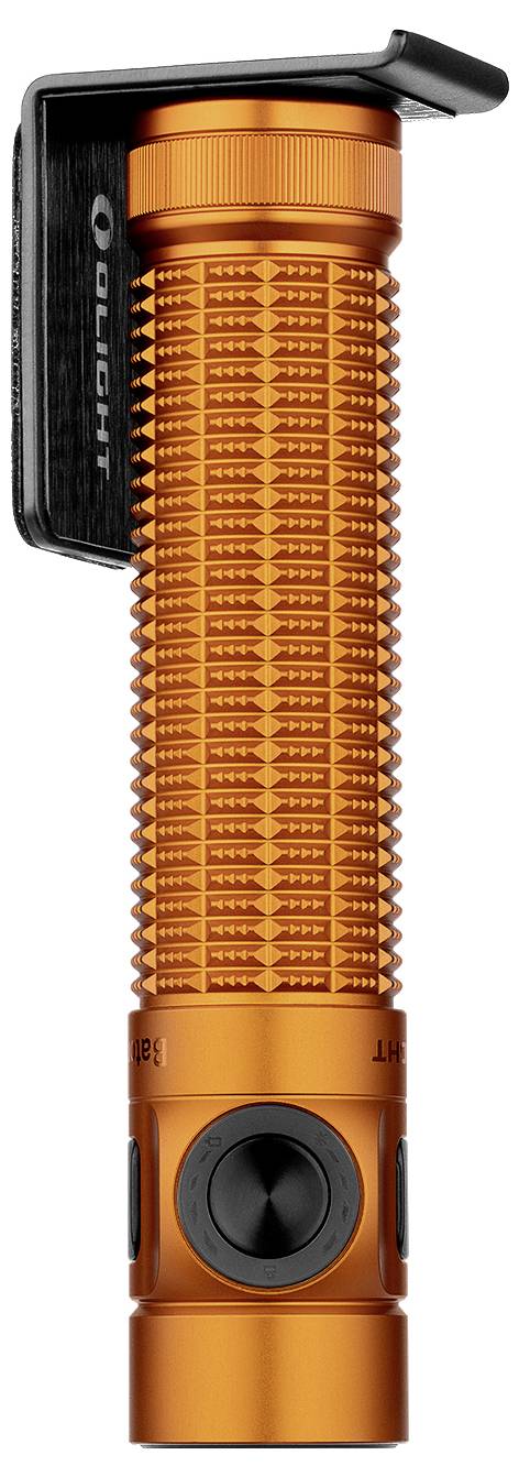 Eine kompakte, orangefarbene Taschenlampe mit strukturiertem Griff und einem angebrachten schwarzen Clip.