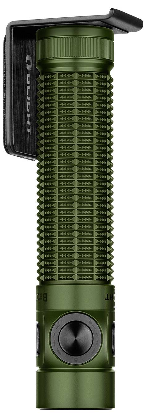 Grüne Taschenlampe mit strukturiertem Griff, Seitentasten und einem Clip oben angebracht.