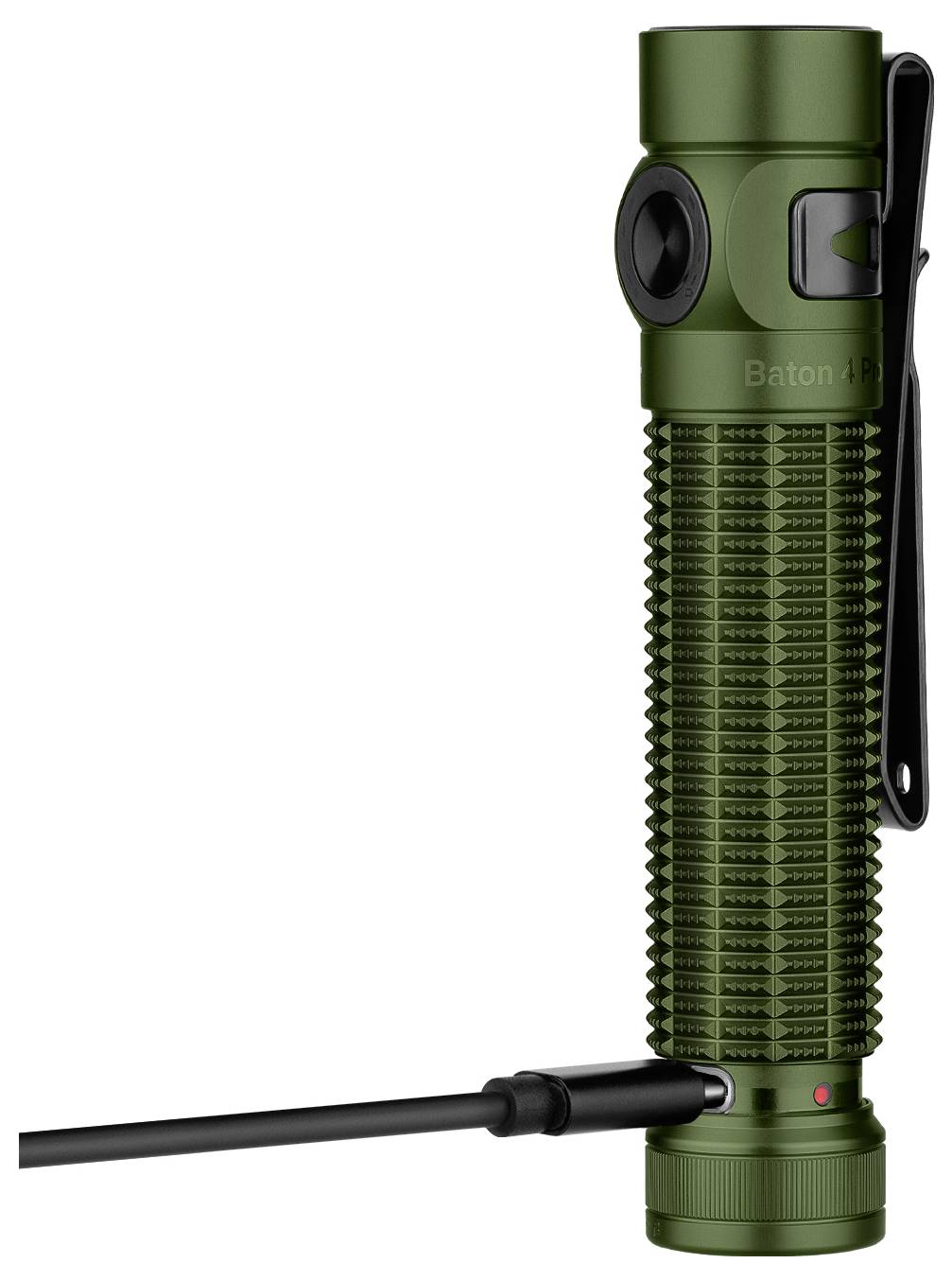 Eine grüne Taschenlampe, aufrecht stehend, mit einem Ladekabel, das an der Basis angeschlossen ist. Die Taschenlampe hat einen strukturierten Griff und eine seitliche Klammer.