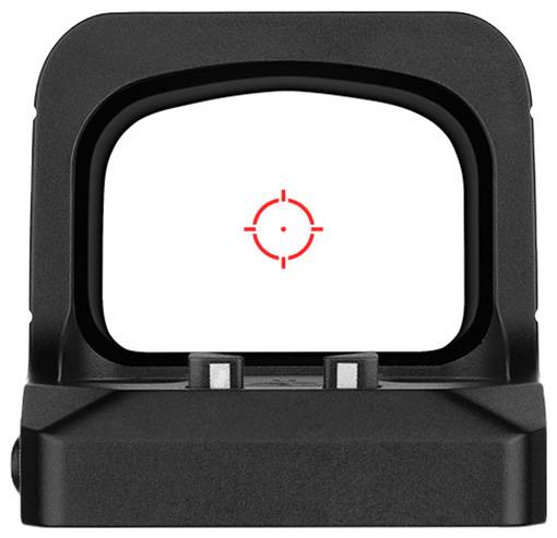 Ein rotes Fadenkreuz-Absehen wird in der Mitte eines schwarzen Gewehrvisiers angezeigt, von hinten betrachtet.