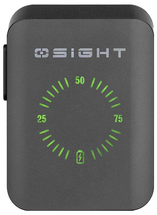 Ein schwarzes rechteckiges Gerät mit einer kreisförmigen LED-Anzeige, die Zahlen von 0 bis 75 anzeigt, und einem Ladesymbol am unteren Ende.