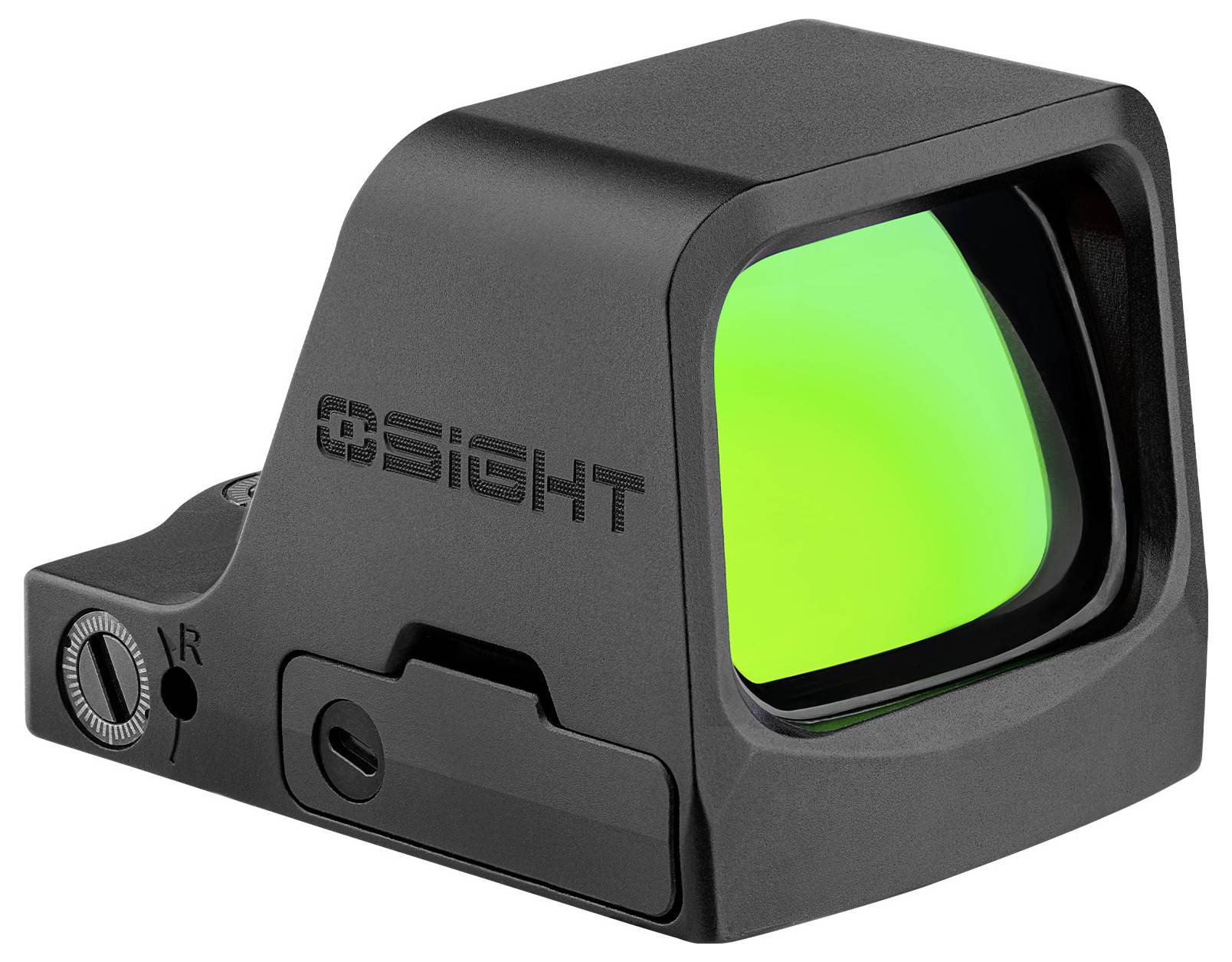 Ein schwarzes Reflexvisier mit grüngetöntem Okular und seitlichen Verstellelementen, typischerweise zur Zielerfassung an Feuerwaffen verwendet.