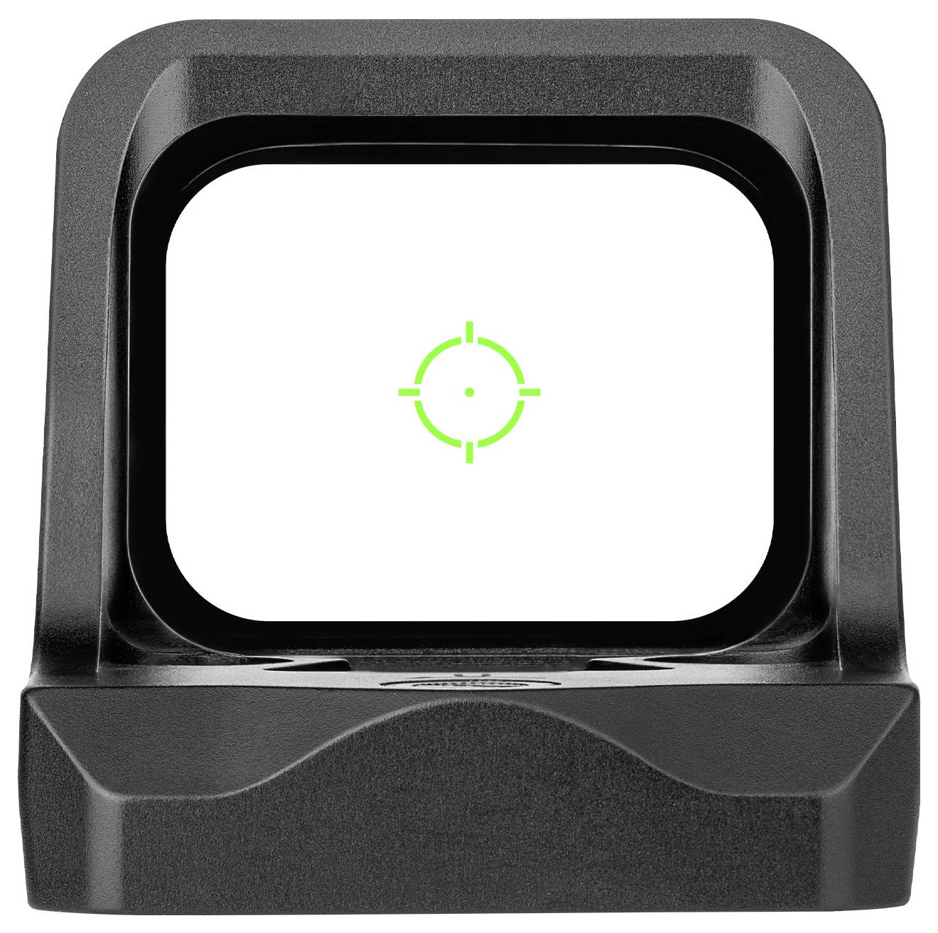 Ein schwarzes Gewehrvisier mit einem grün beleuchteten Fadenkreuz in der Mitte einer klaren Linse, das zum Zielen bei Schusswaffen verwendet wird.