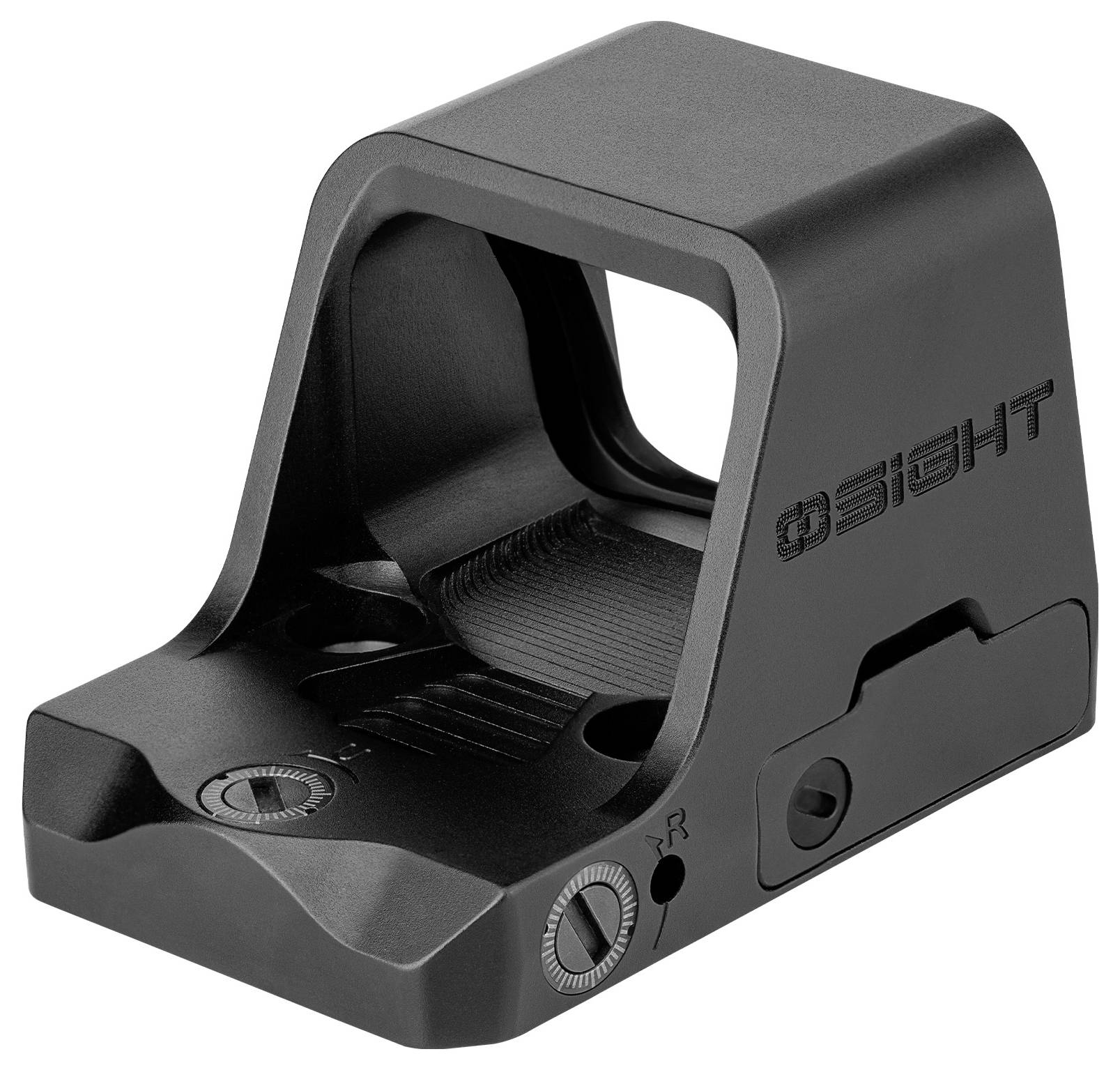 Ein schwarzes holografisches Waffenvisier mit Verstelldrehknöpfen und Halterung, entwickelt für präzises Zielen auf Schusswaffen.