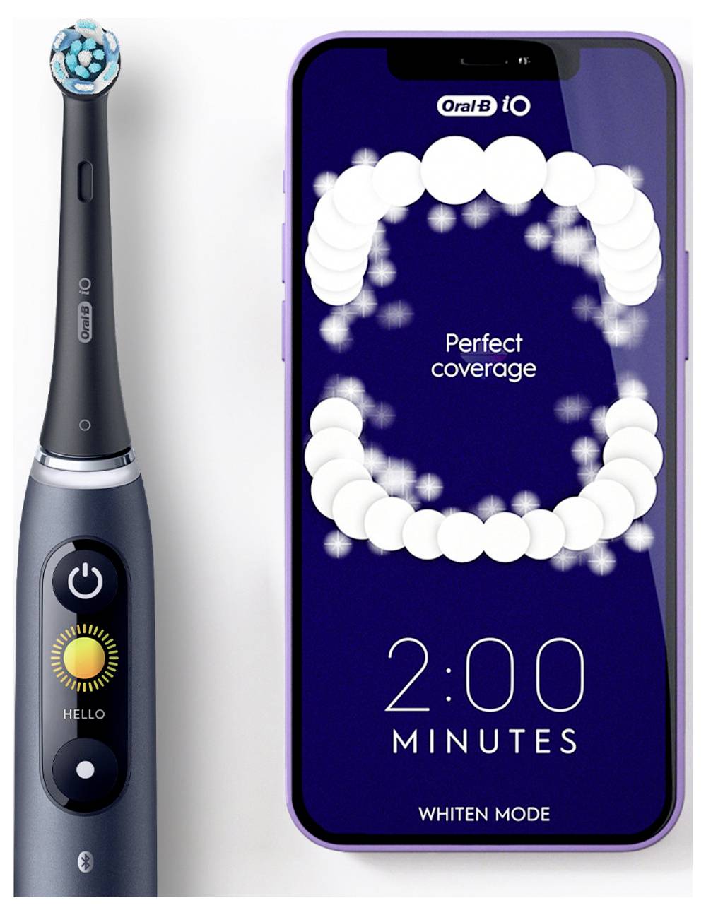 Eine elektrische Zahnbürste neben einem Smartphone, das eine Nachricht mit 