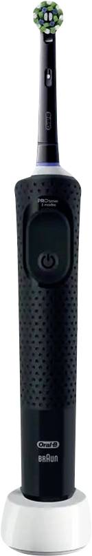 Elektrische Zahnbürste mit schwarzem, strukturiertem Griff, Markenlogo an der Basis, aufrecht auf einer weißen Ladestation stehend.