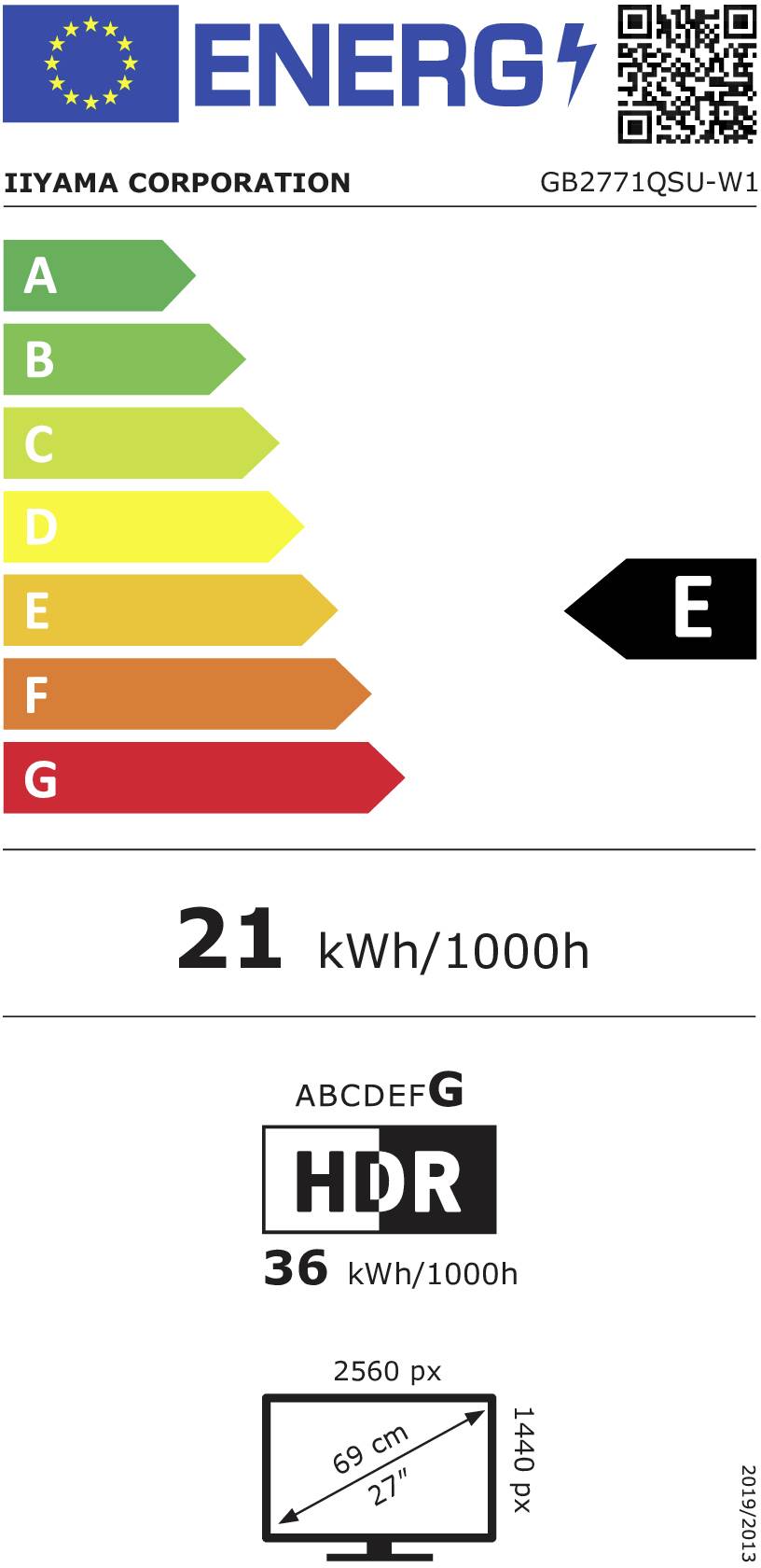 EU-Energielabel für Iiyama-Monitor, Klasse E. Energieverbrauch: 21 kWh/1000h. HDR-Modus: 36 kWh/1000h. Bildschirmgröße: 69 cm, 27 Zoll.