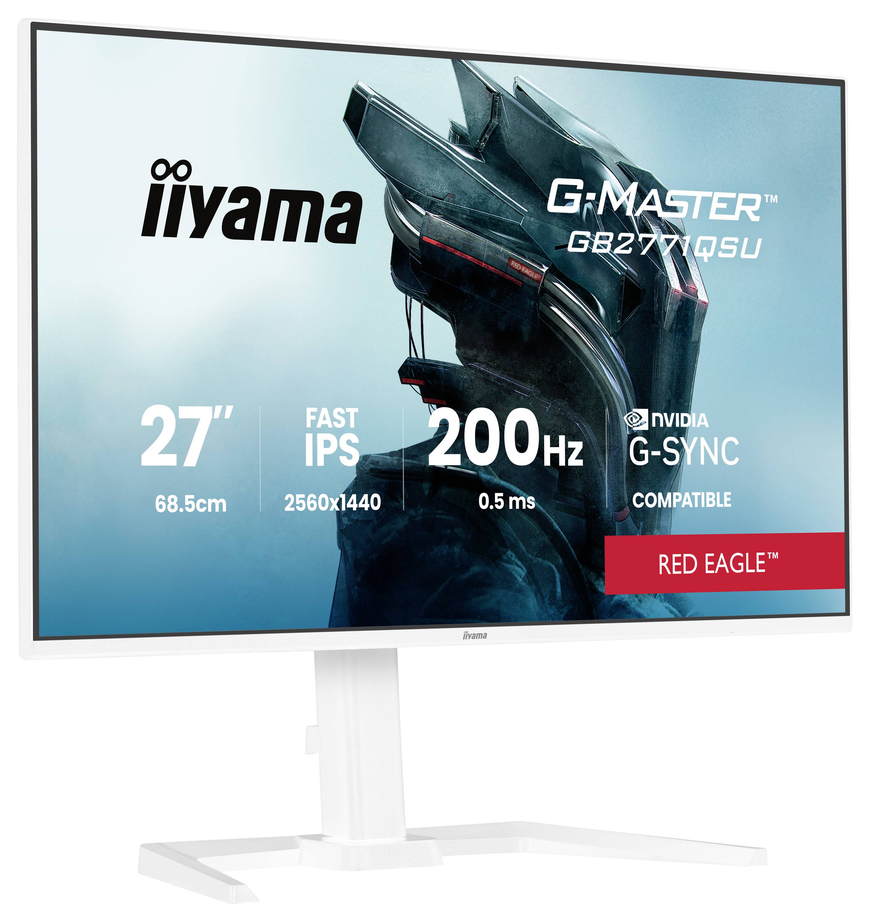 Monitor mit einem Bild eines futuristischen Helms. Der Text besagt: „iiyama G-Master, 27