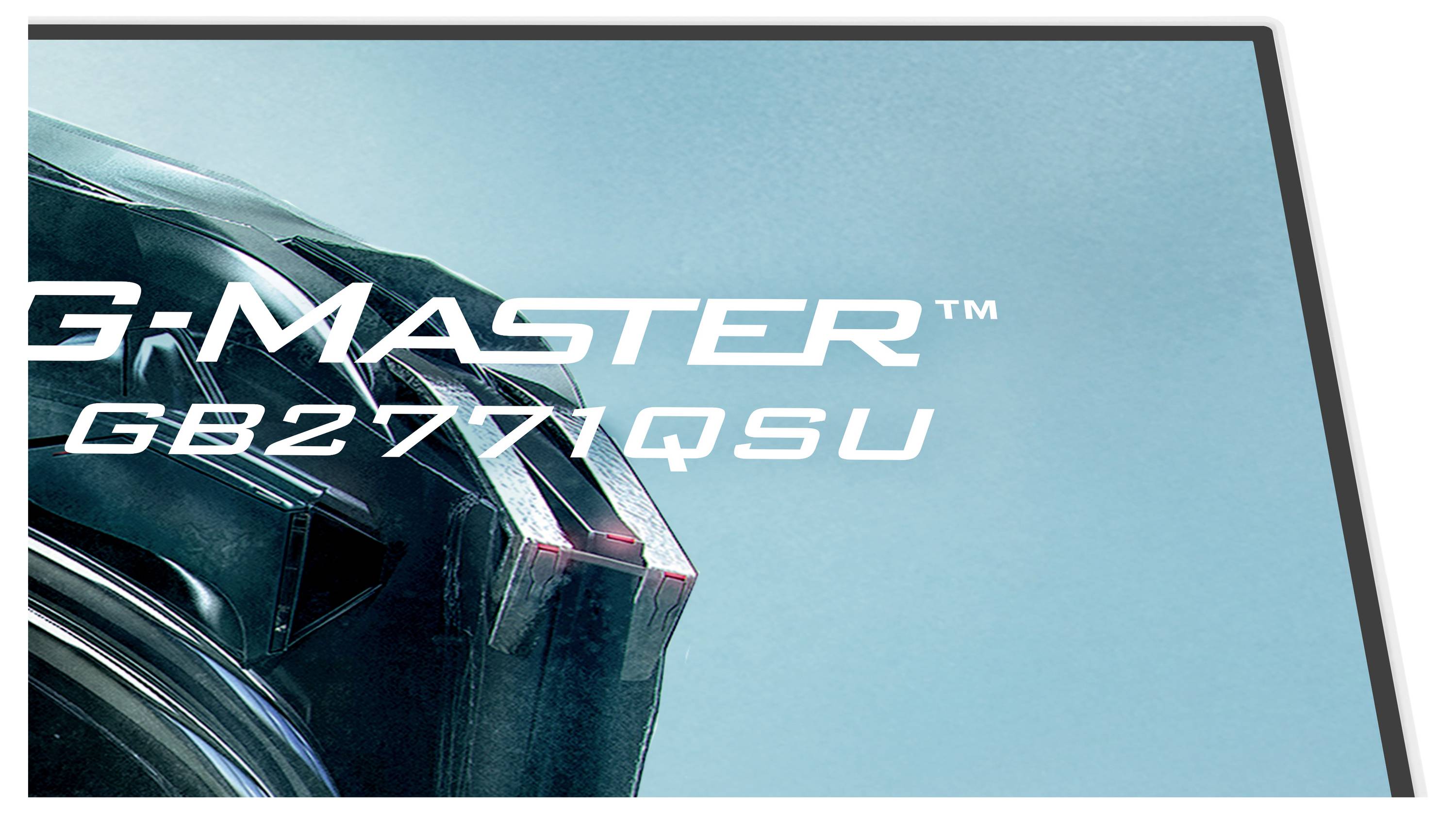 Ecke eines Monitors, die die Modellbezeichnung G-Master GB2771QSU gegen einen blauen Hintergrund anzeigt.