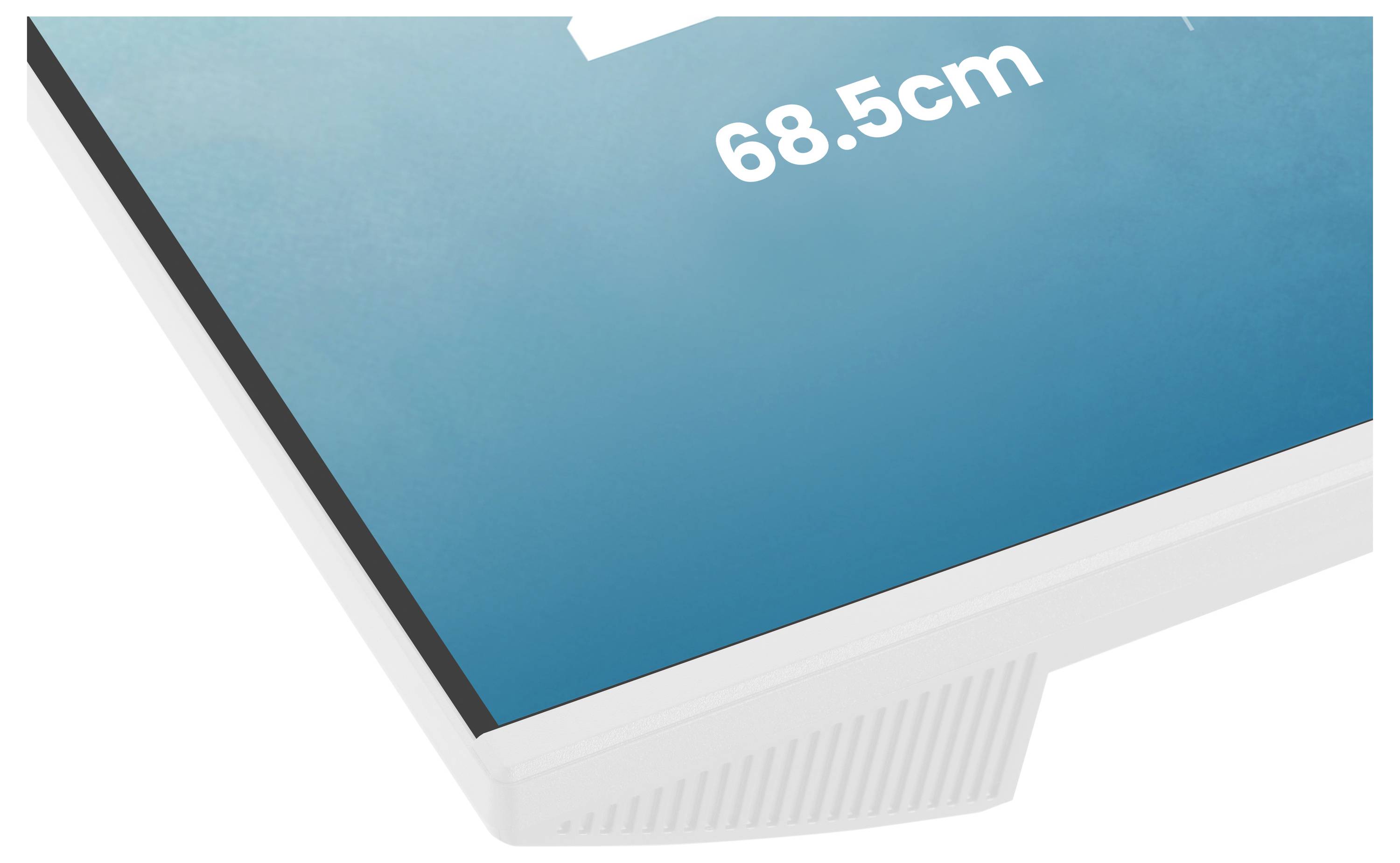 Ecke eines Flachbildschirms mit einem Lineal, das „68,5 cm