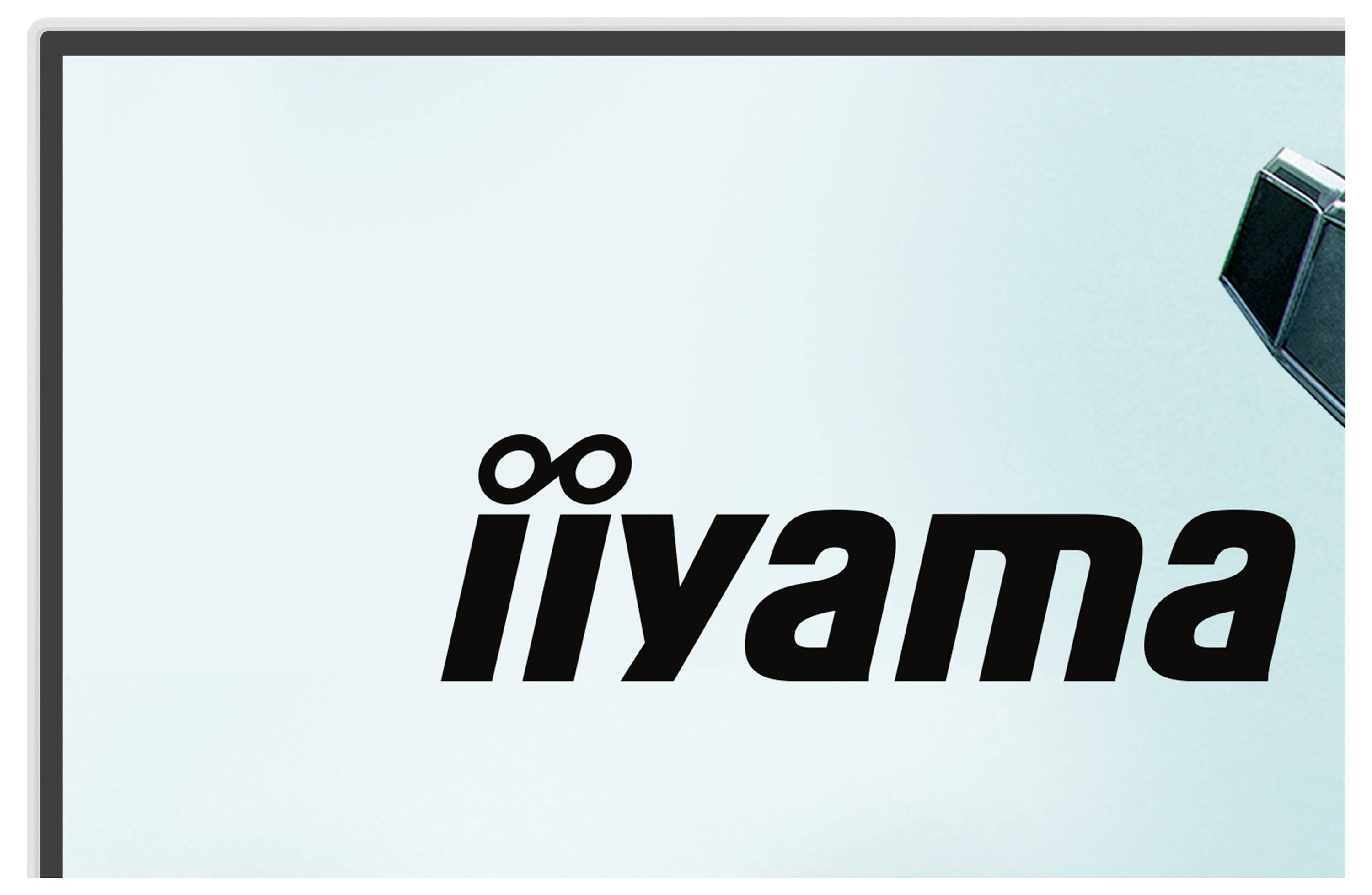 'iiyama' Logo auf hellblauem Hintergrund mit einem Teil der Monitorbildschirmkante oben rechts.