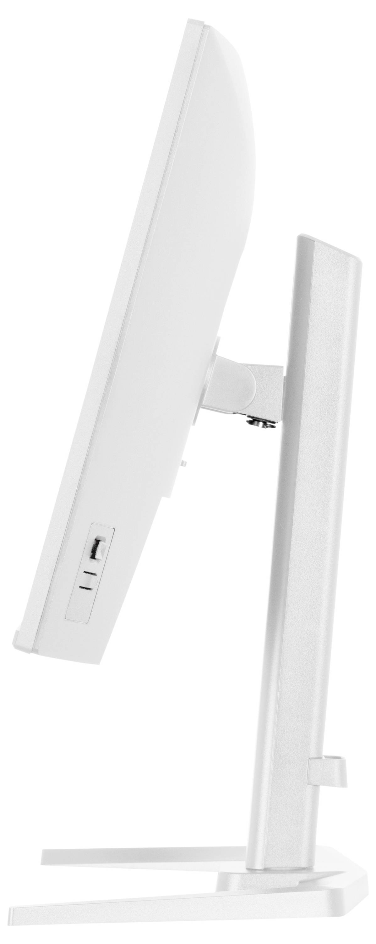 Eine Seitenansicht eines schlanken, modernen weißen Monitors mit Stand und einem USB-Anschluss an der Seite.