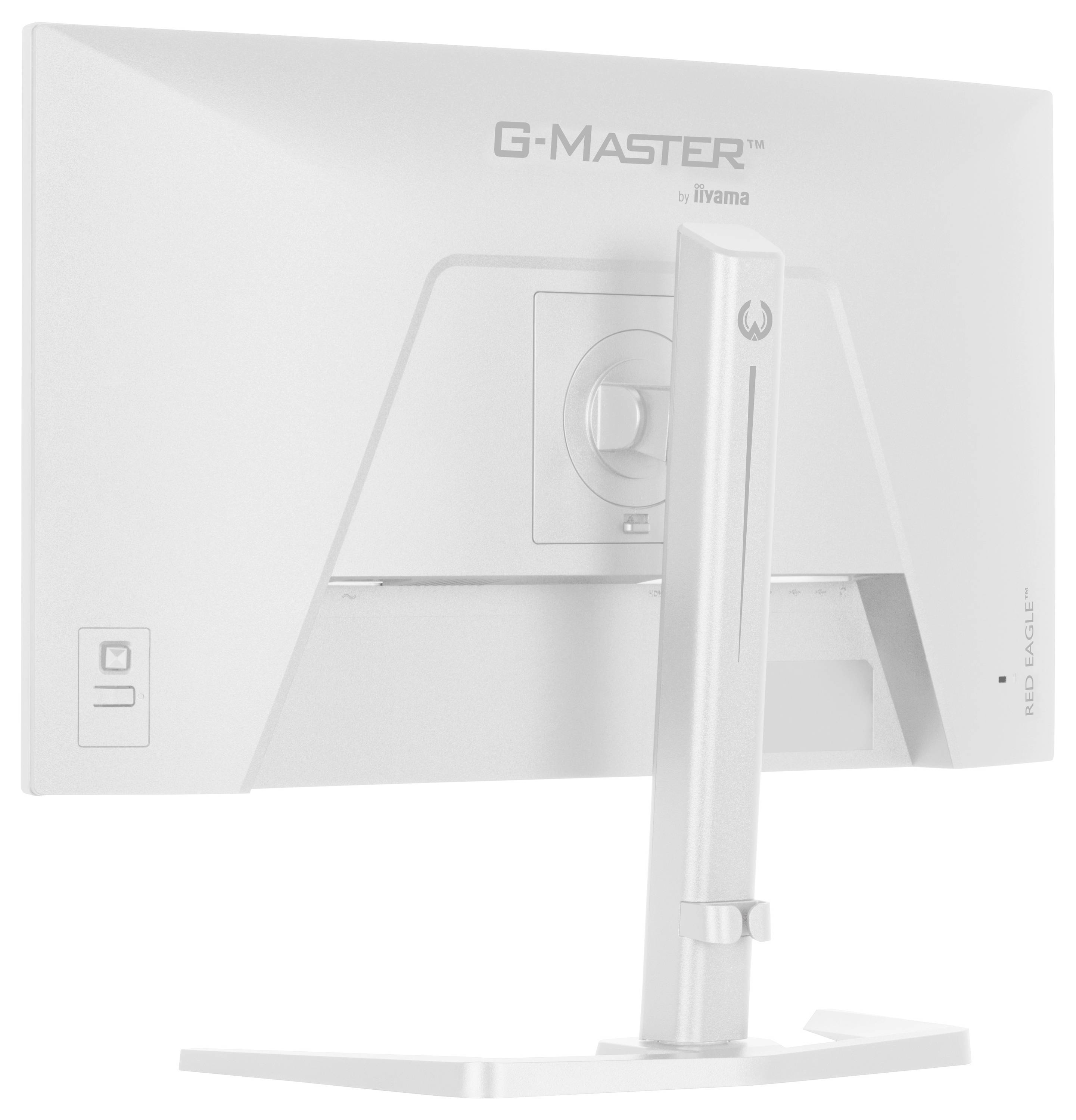 Rückansicht eines G-MASTER-Computermonitors in einer neutralen Farbe, der seinen Ständer und den Verstellmechanismus zeigt. Der Modellname „iiyama