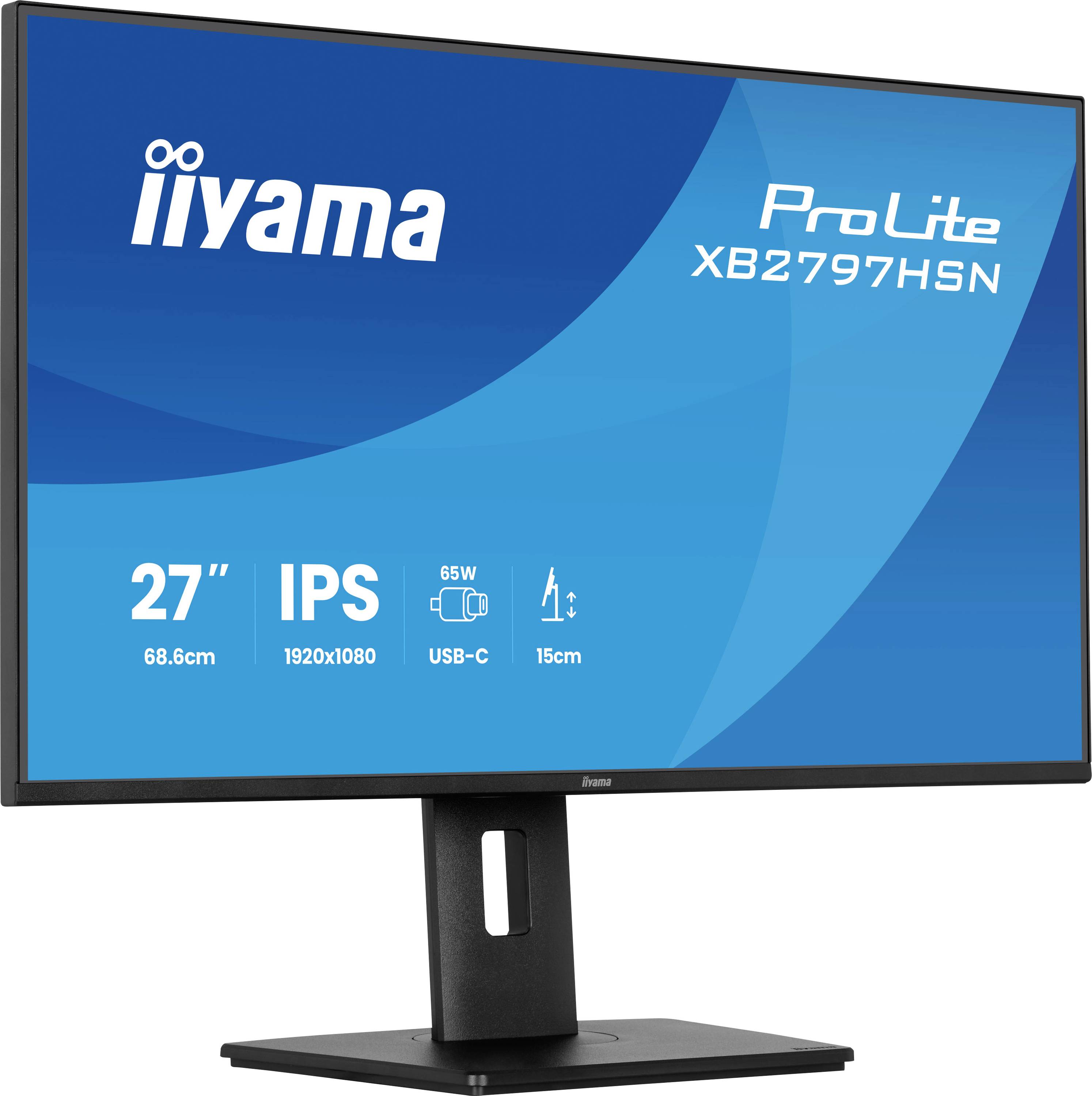 Iiyama ProLite XB2797HSN 27-Zoll-IPS-Monitor mit 1920x1080-Auflösung, USB-C 65W-Schnellladung und 15 cm Höhenverstellung.