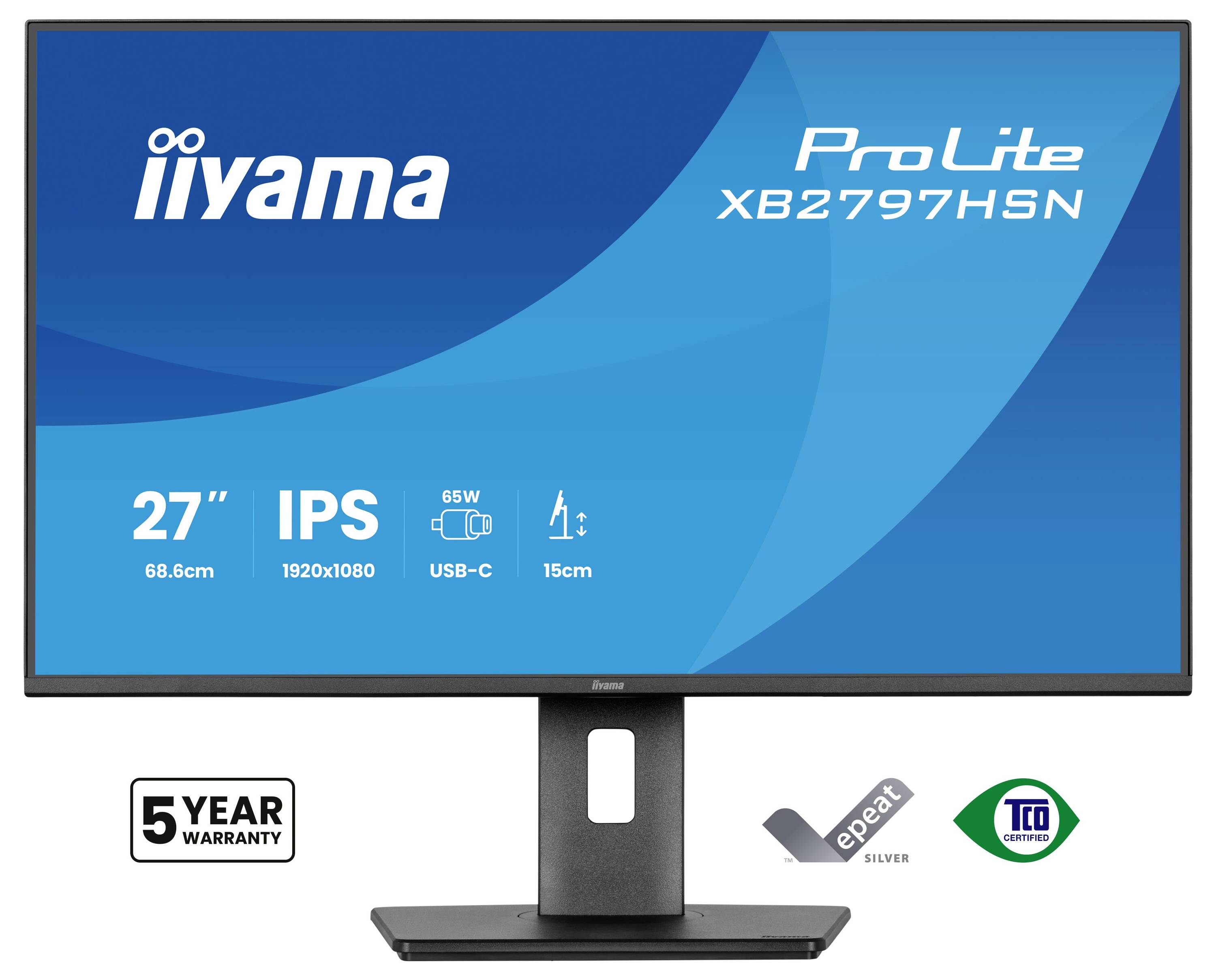 Iiyama ProLite XB2797HSN Monitor, 27 Zoll, IPS, 1920x1080 Auflösung, USB-C, 65W Stromversorgung, 15cm Verstellbarkeit, 5-Jahres-Garantie.