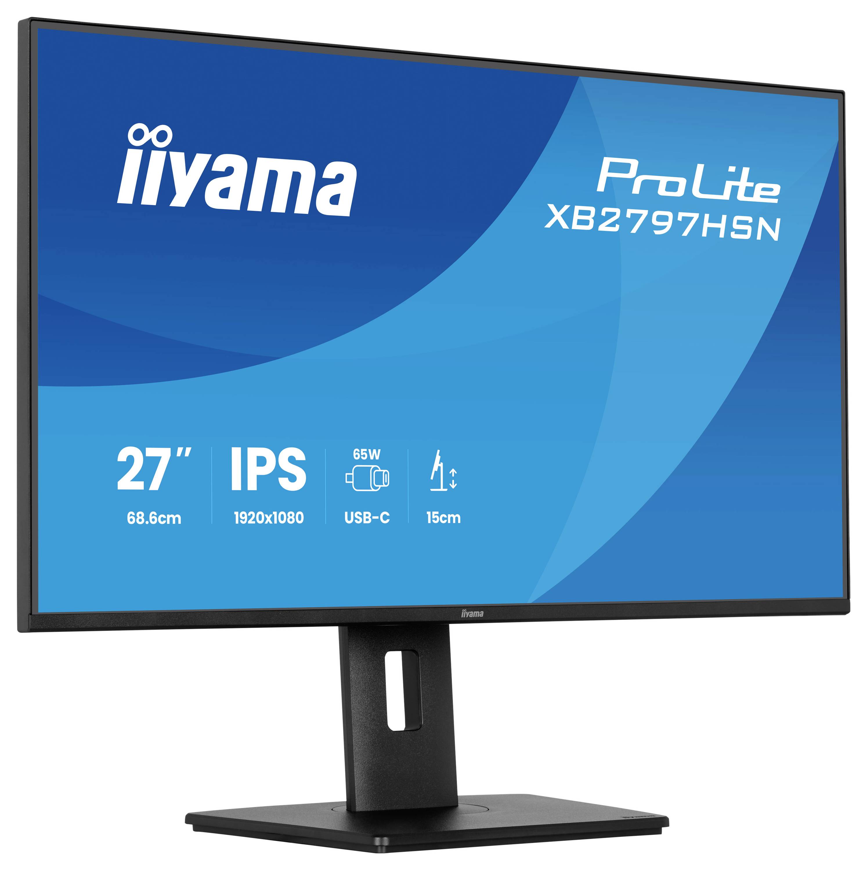 Das Bild zeigt einen iiyama ProLite XB2797HSN Monitor mit folgenden Spezifikationen: 27 Zoll IPS, 1920x1080 Auflösung, USB-C.