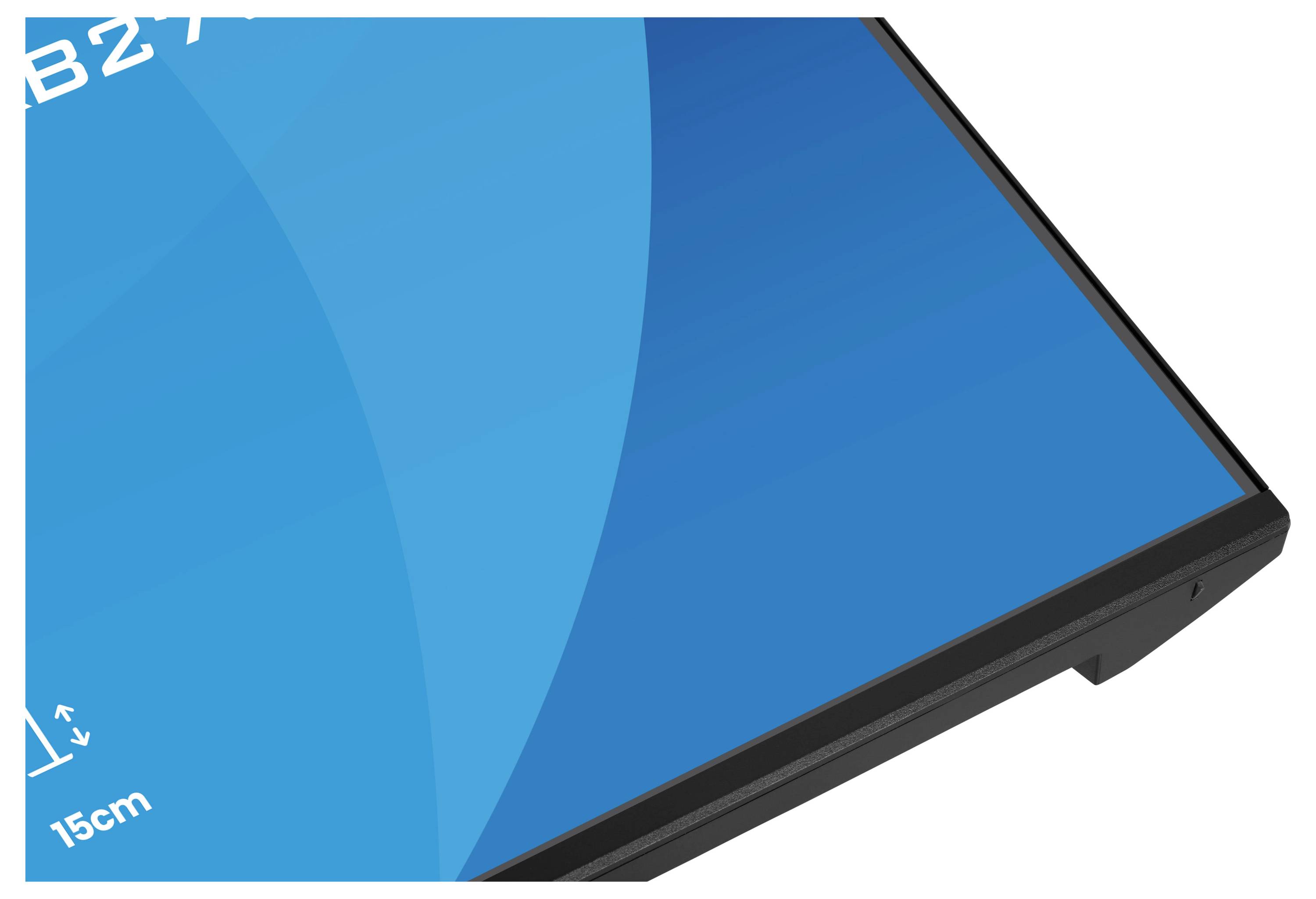 Eine Nahaufnahme einer Computermonitorecke, die eine dünne Einfassung und einen blauen Bildschirm mit teilweise sichtbarem, schwachem Text zeigt.