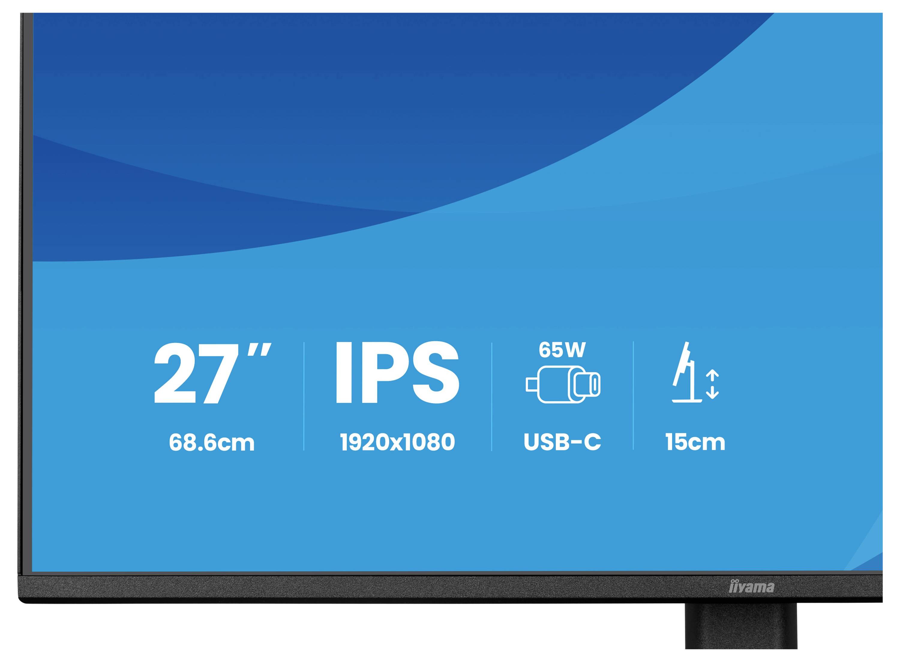 Ein Computermonitor-Display mit hervorgehobenen Hauptmerkmalen: „27-Zoll-Bildschirm, IPS-Technologie, 1920x1080-Auflösung, 65W USB-C, 15cm Höhenverstellung.