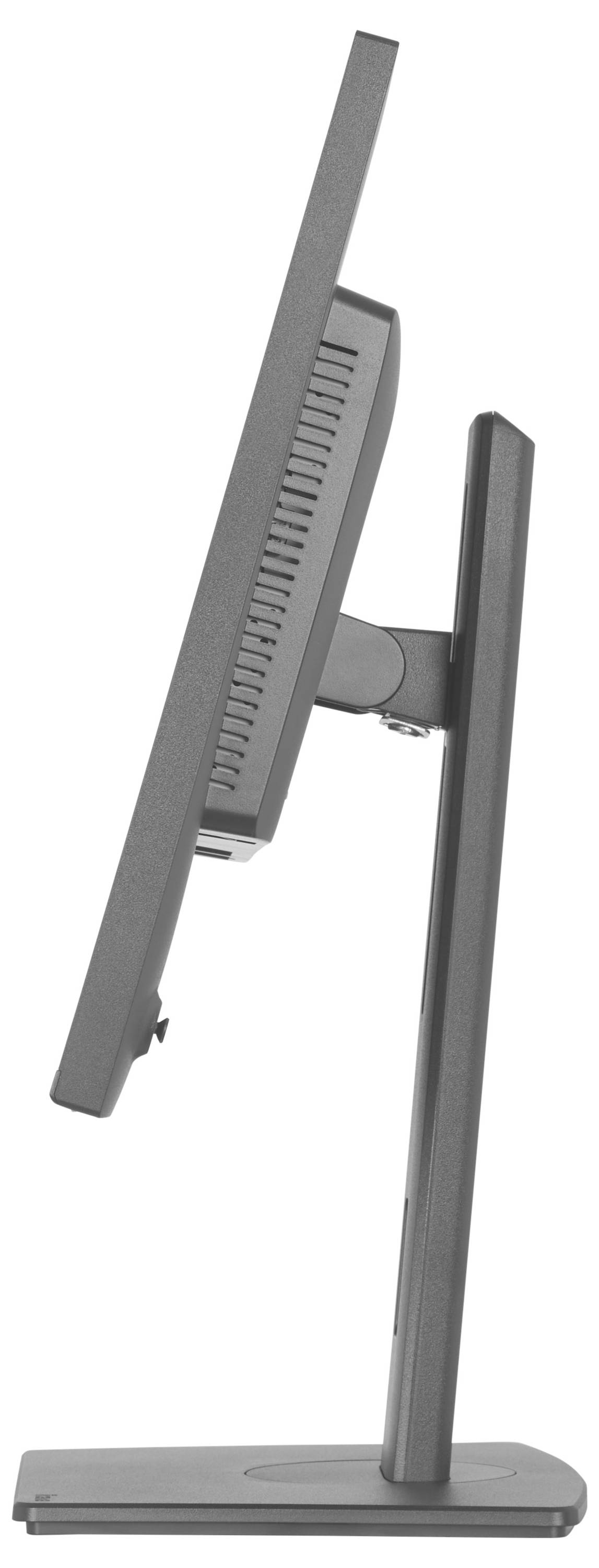 Seitenansicht eines modernen Flachbildschirms auf einem Ständer, leicht nach hinten geneigt, der sein schlankes und minimalistisches Design zur Schau stellt.