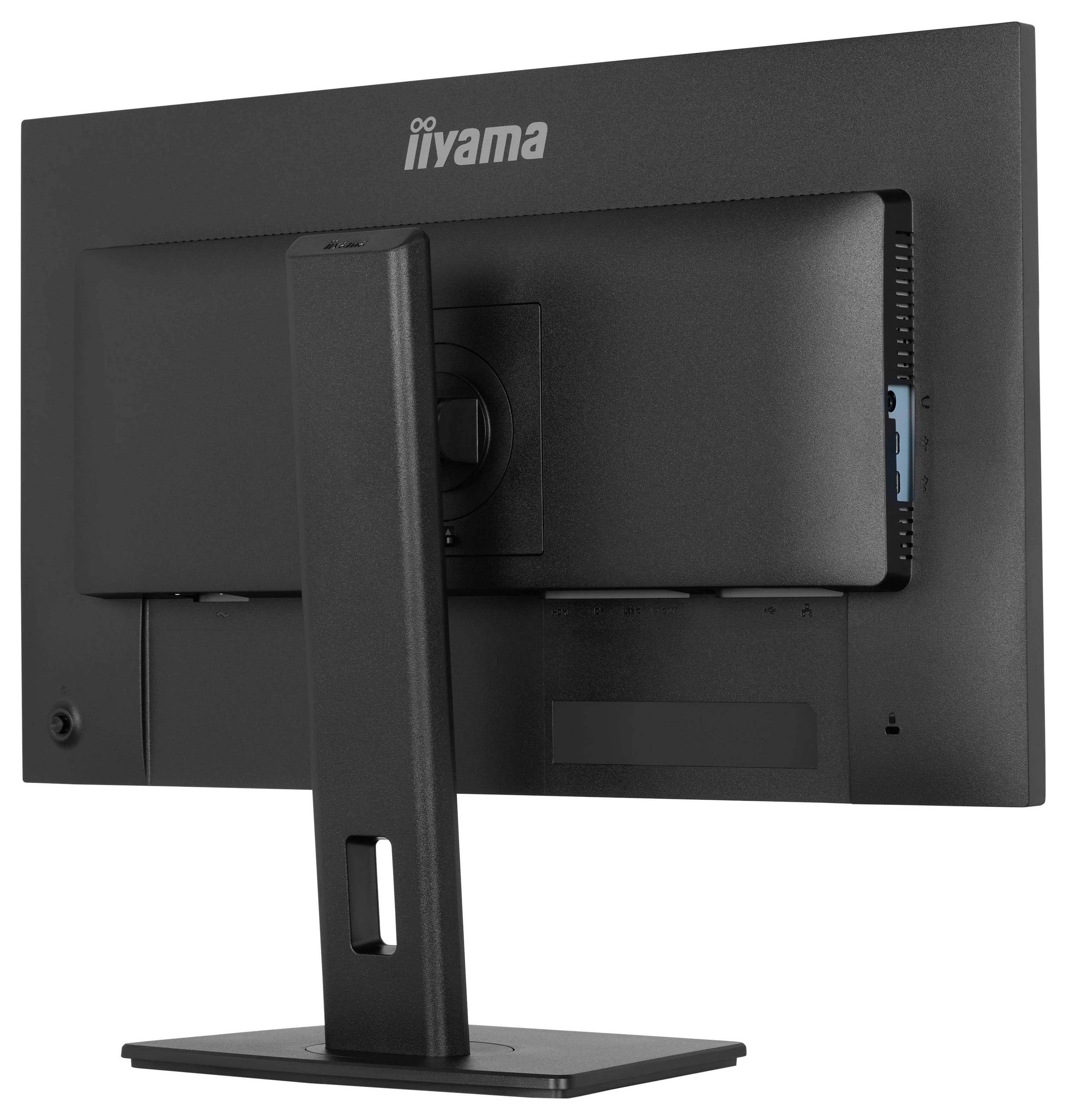 Rückansicht eines schwarzen Computermonitors mit Ständer, der einen verstellbaren Neigungsmechanismus und mehrere Konnektivitätsanschlüsse zeigt.