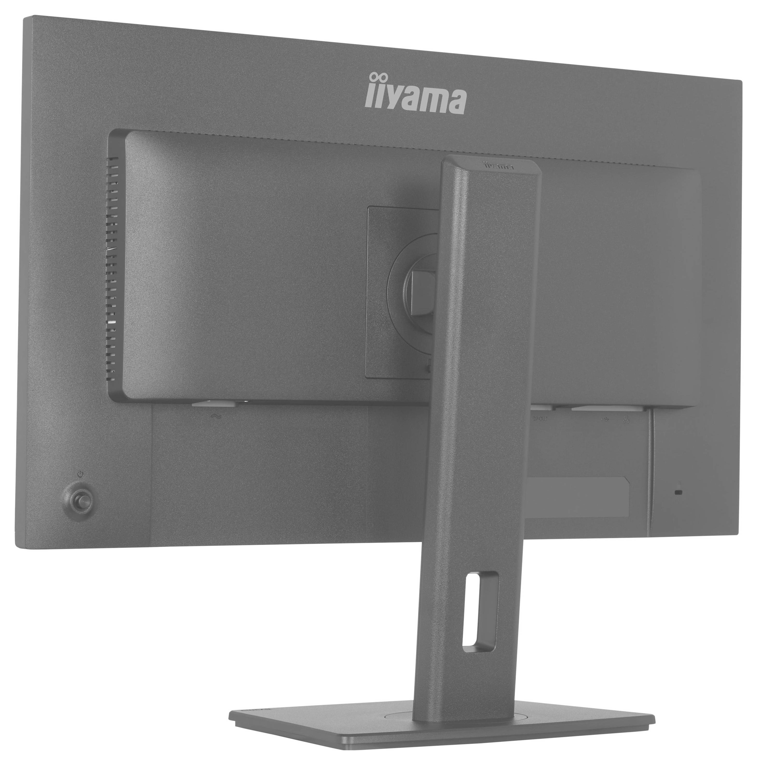 Ein grauer Computermonitor mit sichtbarem Markennamen auf der Rückseite, auf einem quadratischen Fuß montiert, aus einer hinteren Perspektive betrachtet.