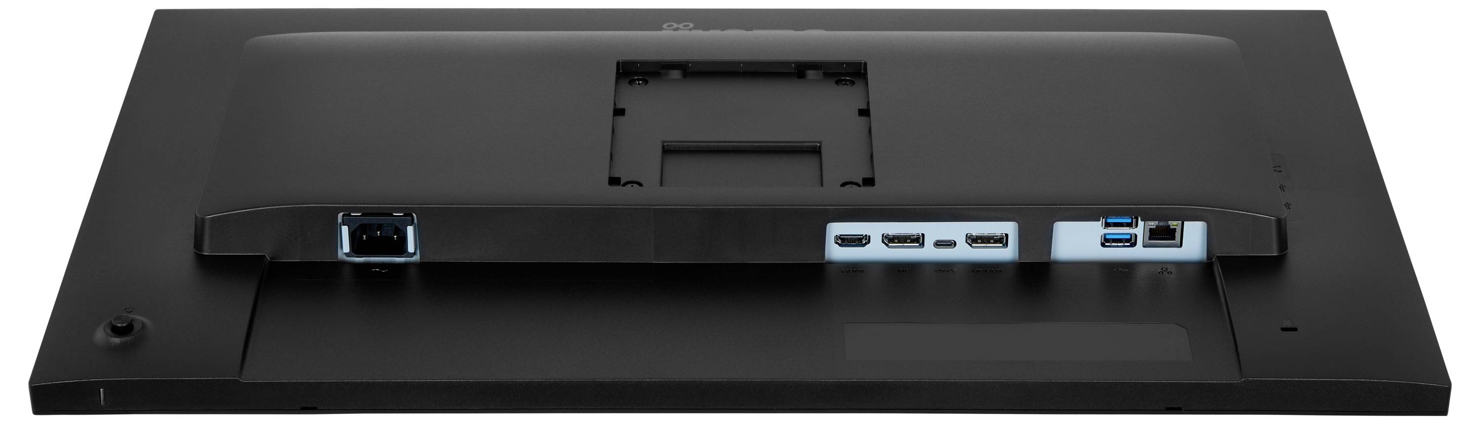 Das Bild zeigt die Rückseite eines schwarzen Computermonitors mit verschiedenen Eingabeanschlüssen, einschließlich USB und HDMI, umgeben von einem Montagebreich.