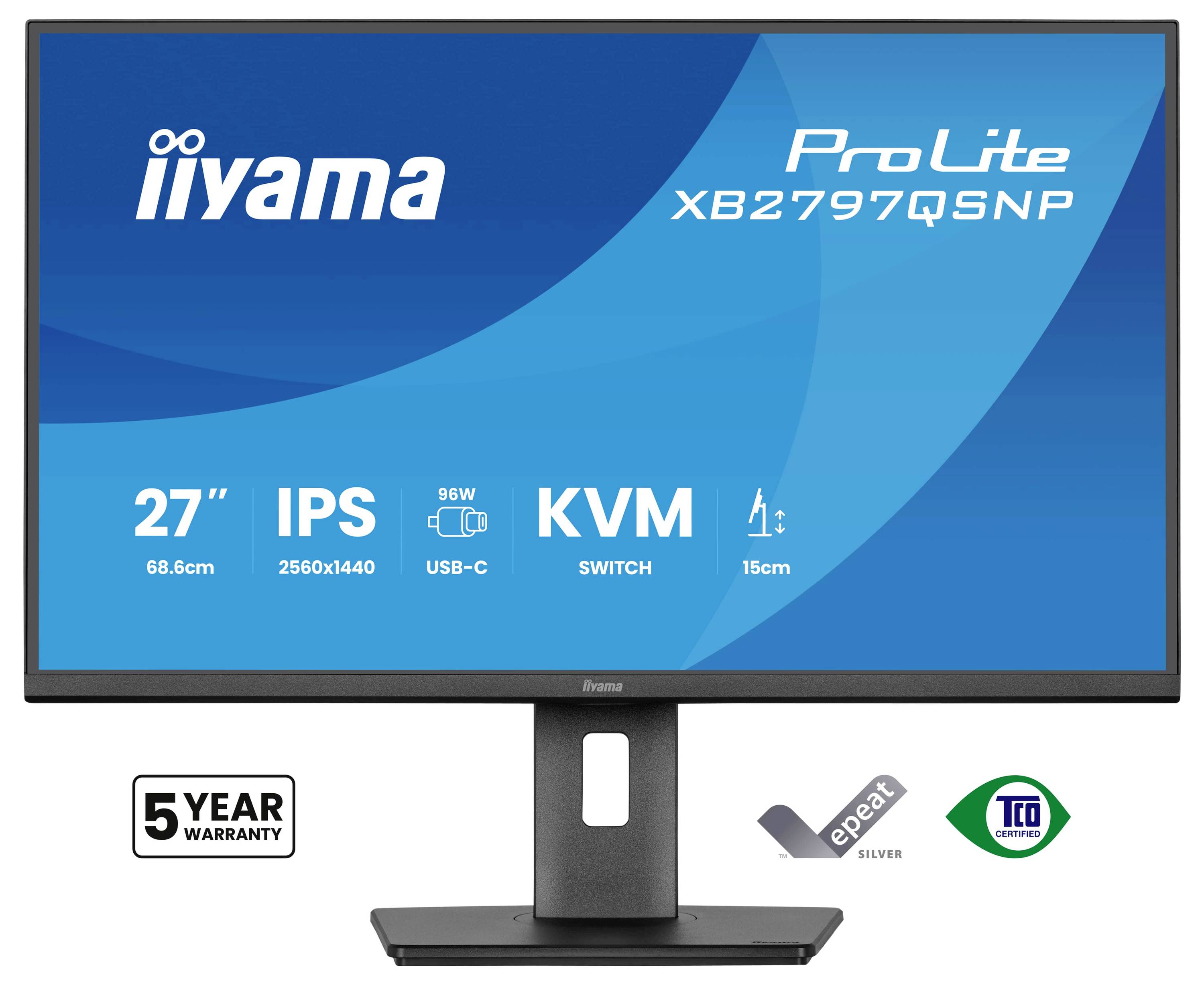 Das Bild zeigt einen 27-Zoll-iiyama-ProLite-Monitor mit folgenden Funktionen: IPS, 2560x1440-Auflösung, USB-C, KVM-Schalter, 15 cm verstellbarer Ständer. Fünf Jahre Garantie.