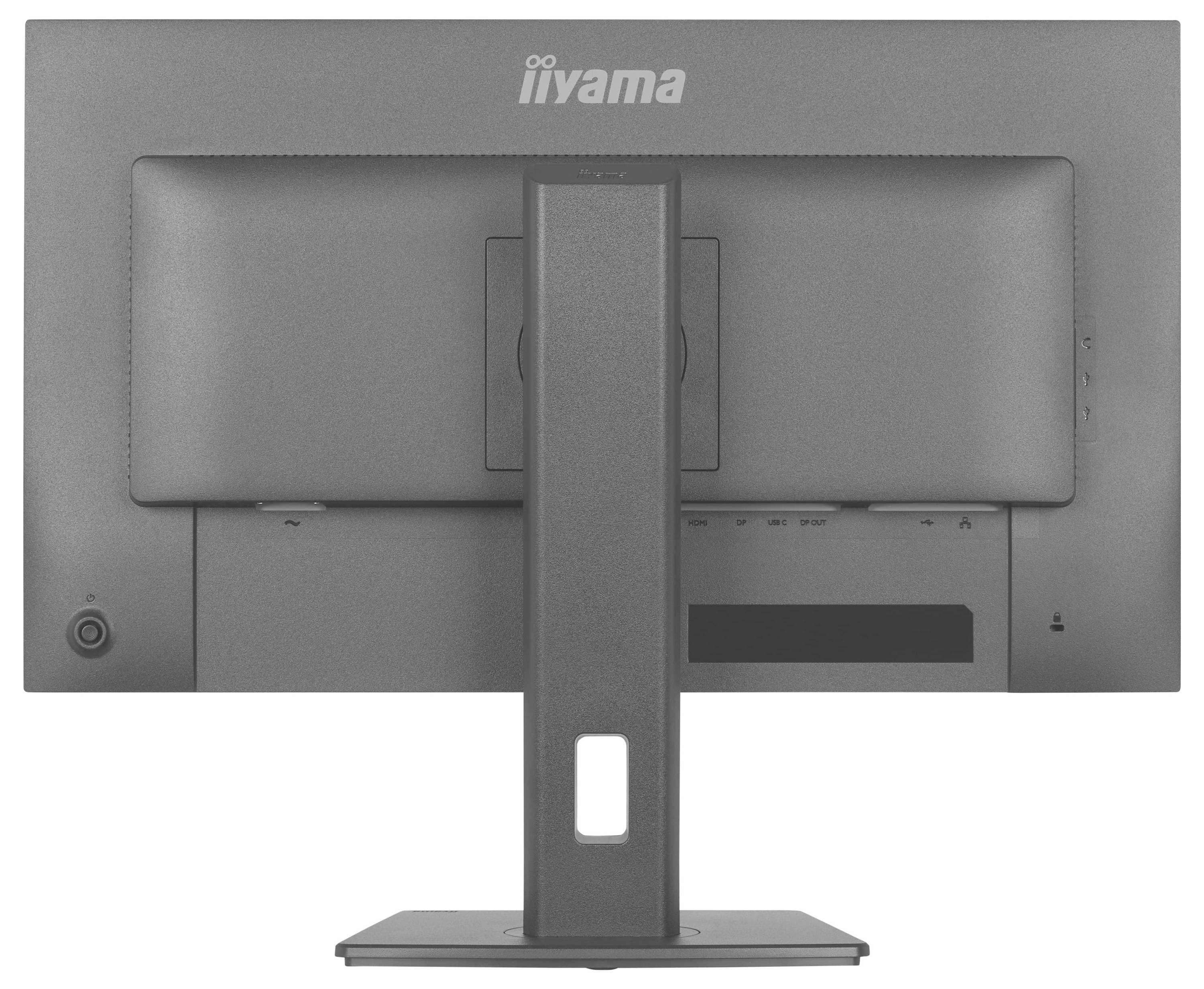 Rückansicht eines Computermonitors auf einem Ständer, zeigt Anschlüsse und Tasten.