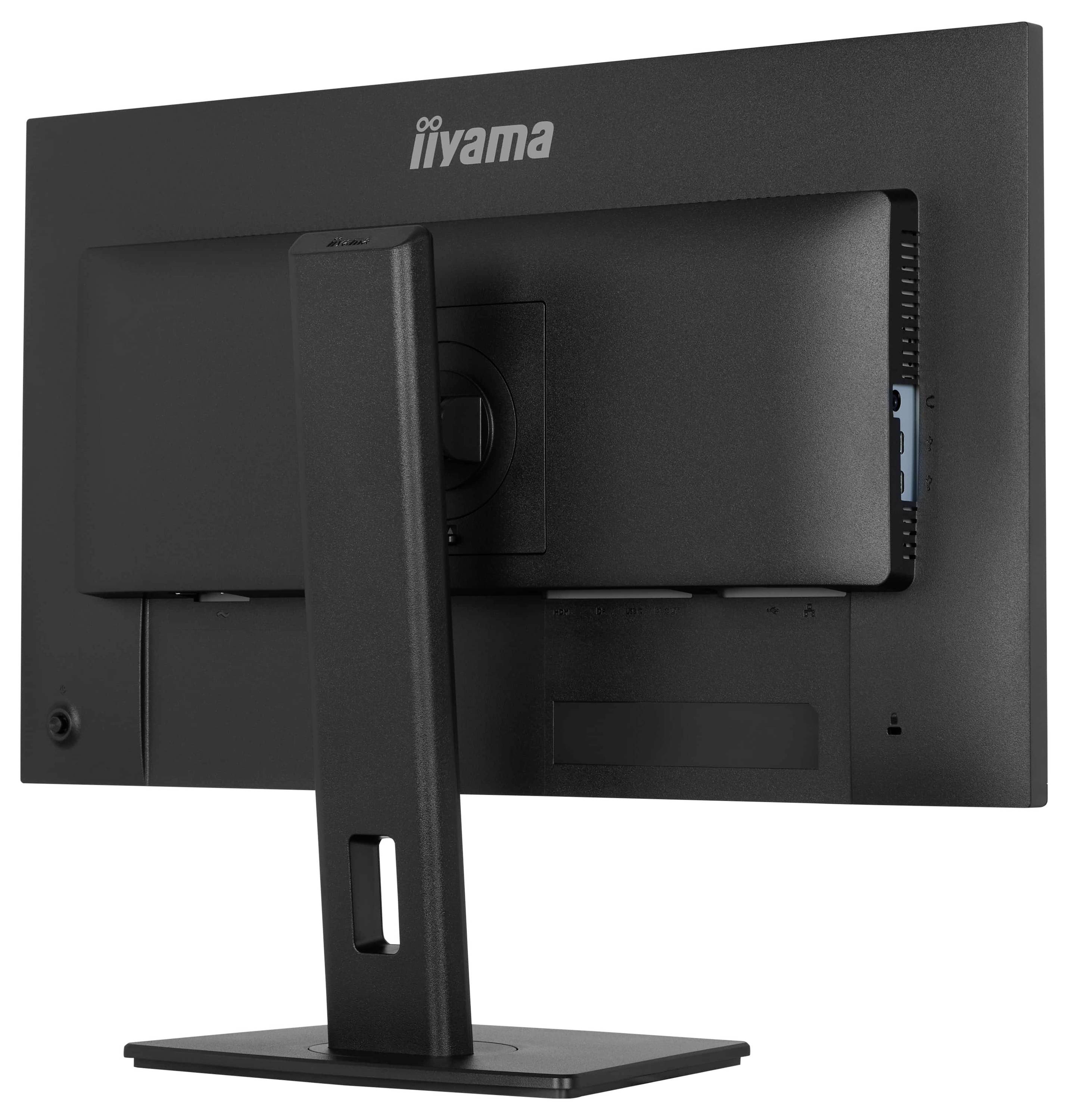 Ein schwarzer Computermonitor von hinten betrachtet, zeigt einen Ständer und Anschlüsse. Die Marke „iiyama