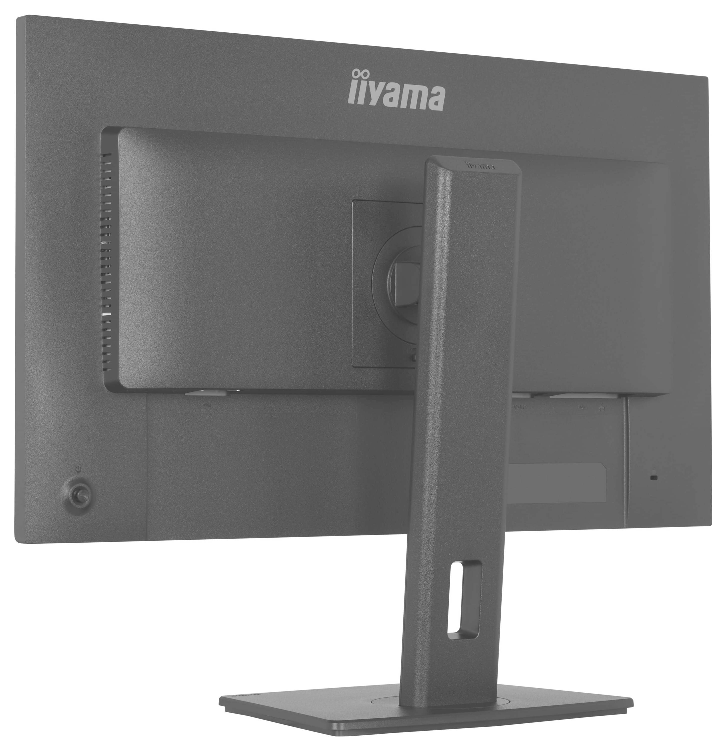 Ein Computermonitor von hinten betrachtet, mit einem eleganten und modernen Design und einem schlanken Ständer. Die Marke 
