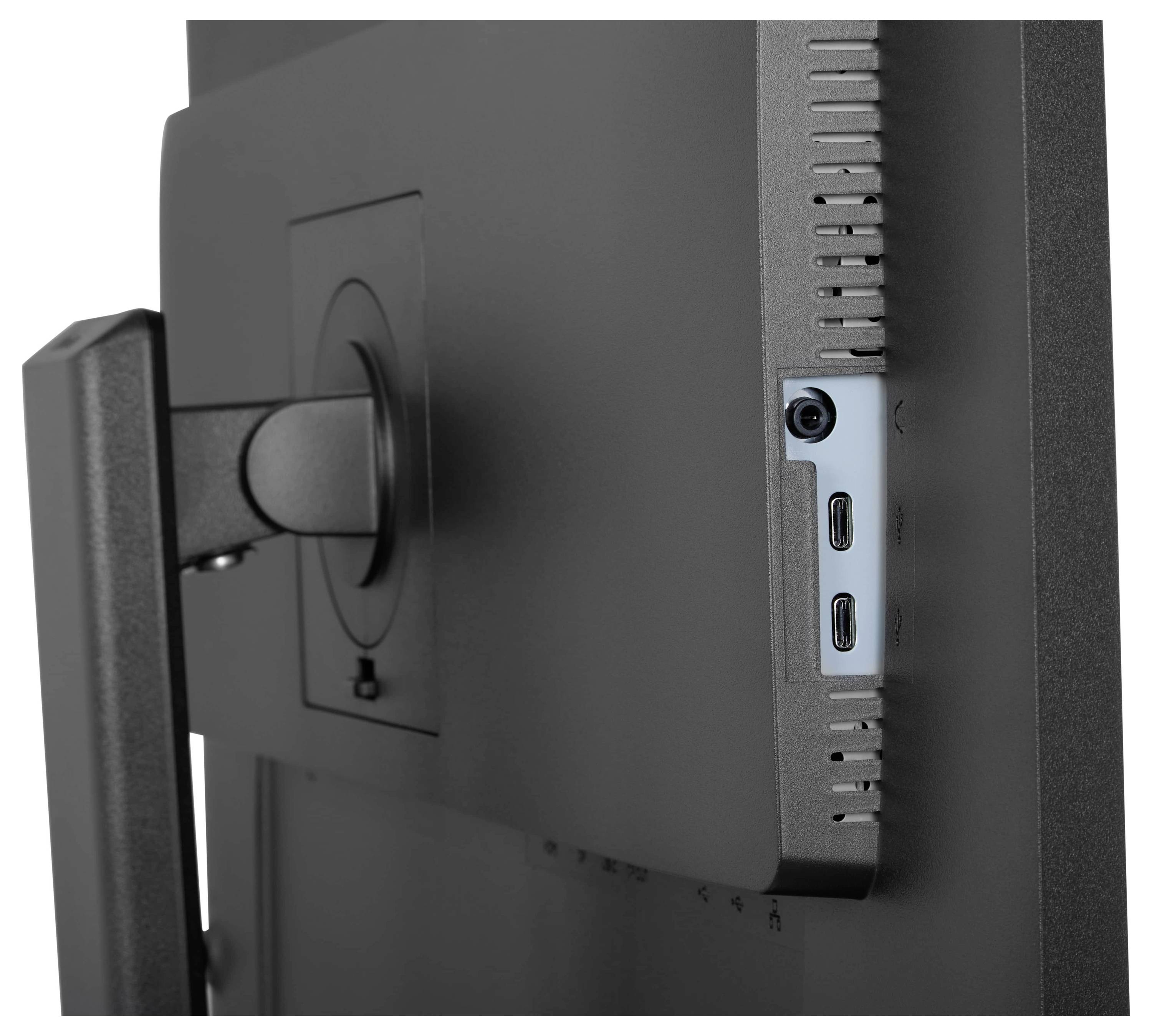 Eine Seitenansicht der Rückseite eines Monitors zeigt seine USB-Anschlüsse und eine an einem Ständer befestigte Montageklammer.