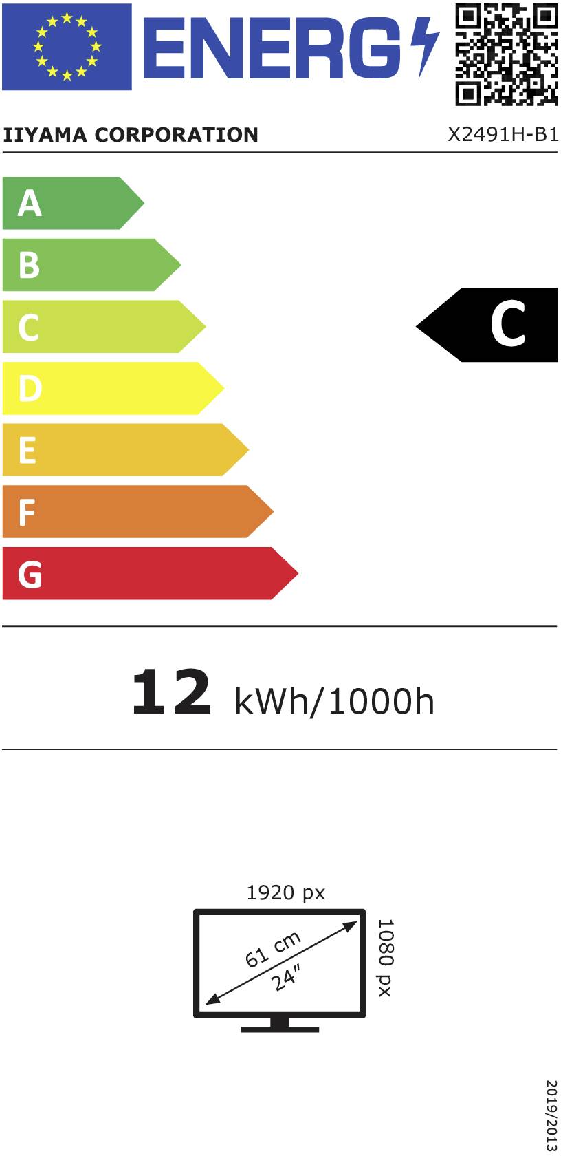 „Energieeffizienzlabel für Iiyama X2491H-B1 Monitor; Energieklasse C. Energieverbrauch: 12 kWh/1000h. Abmessungen: 24