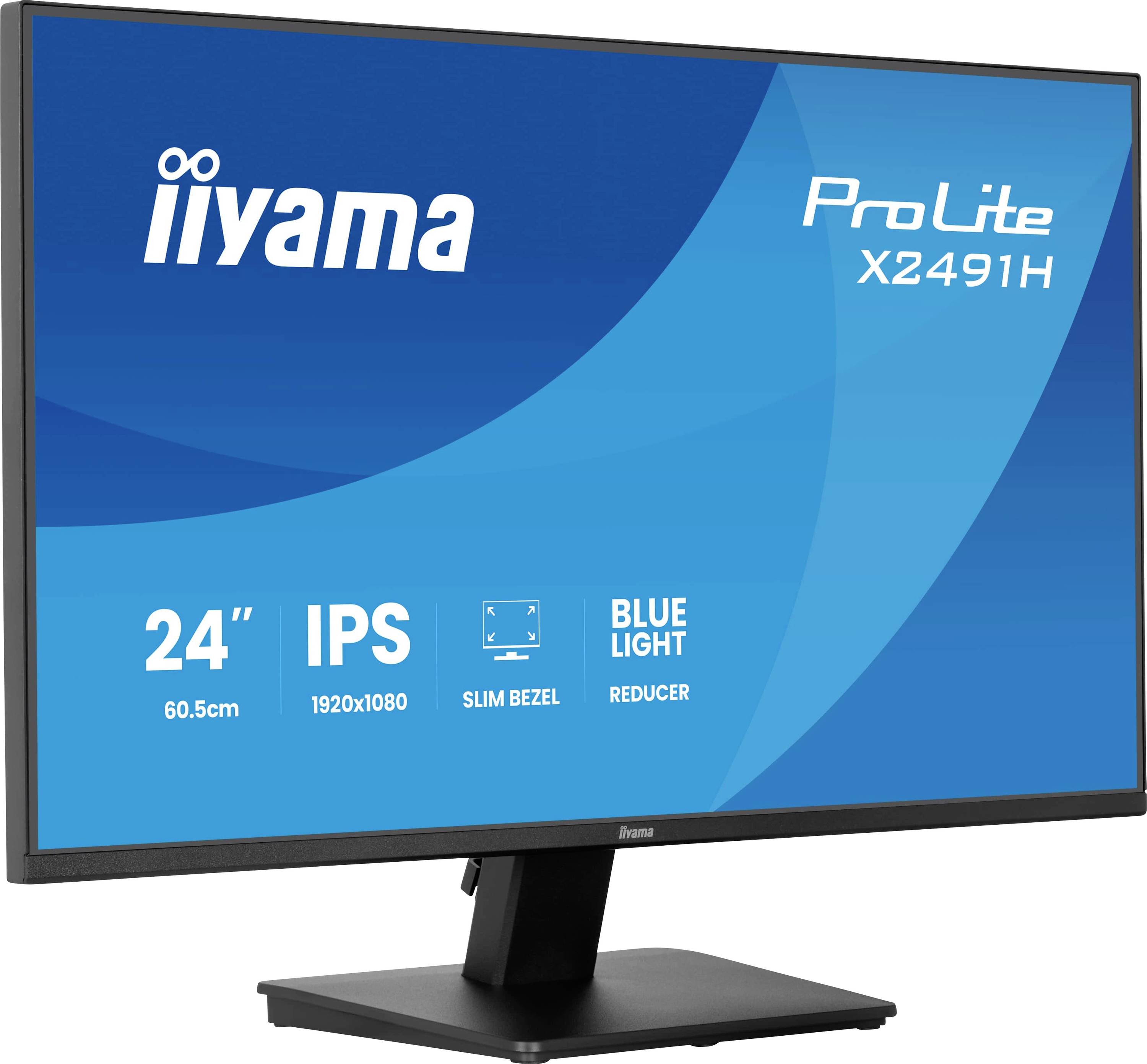 Produktbild eines Iiyama ProLite X2491H 24-Zoll-IPS-Monitors mit schmalem Rahmen und Blaulichtreduktion, dargestellt auf einem Ständer.