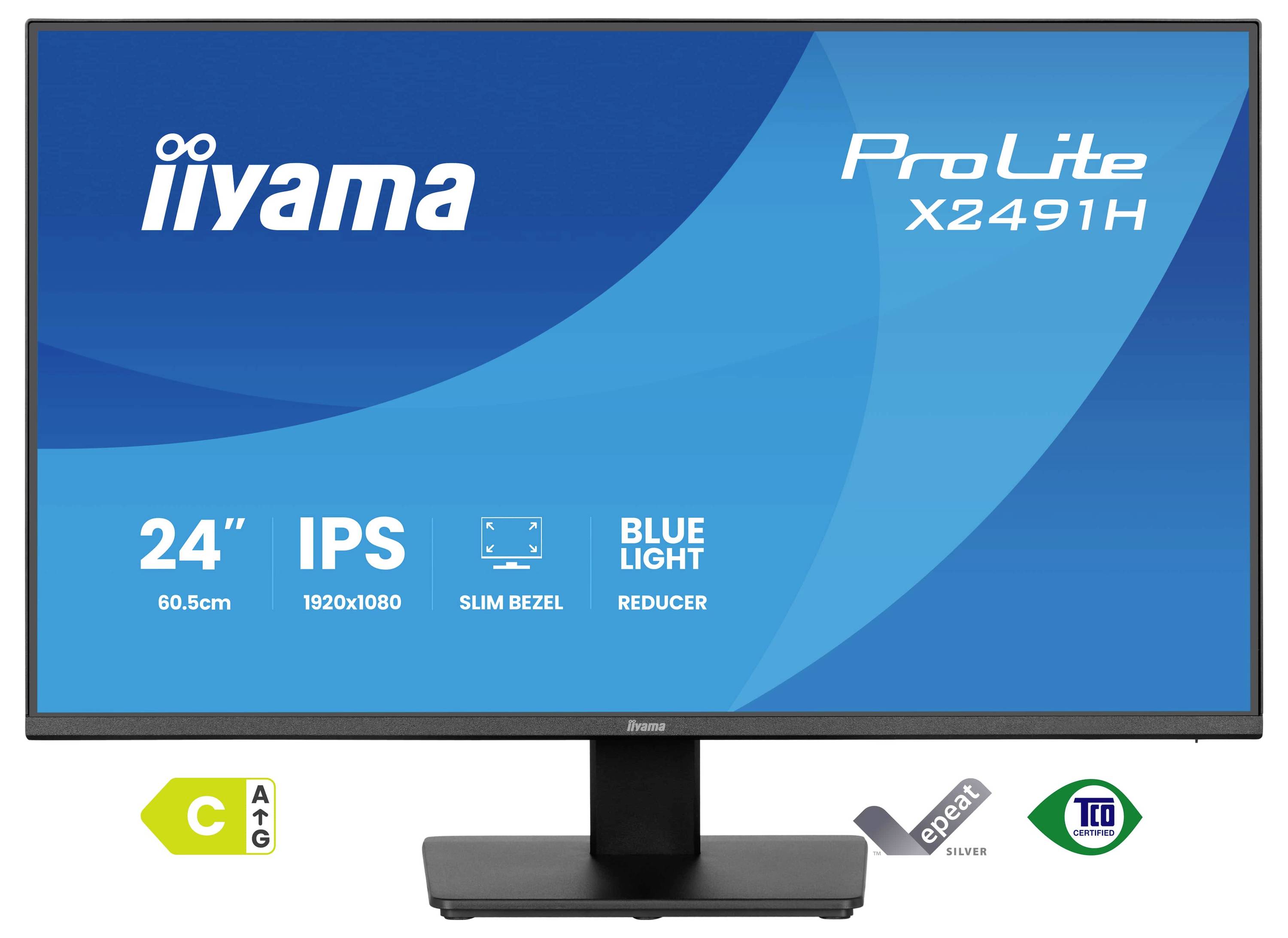 iiyama ProLite X2491H Monitor, 24 Zoll, IPS, 1920x1080 Auflösung, schmaler Rahmen, Blaulichtfilter, Energieeffizienzklasse C, TCO-zertifiziert.