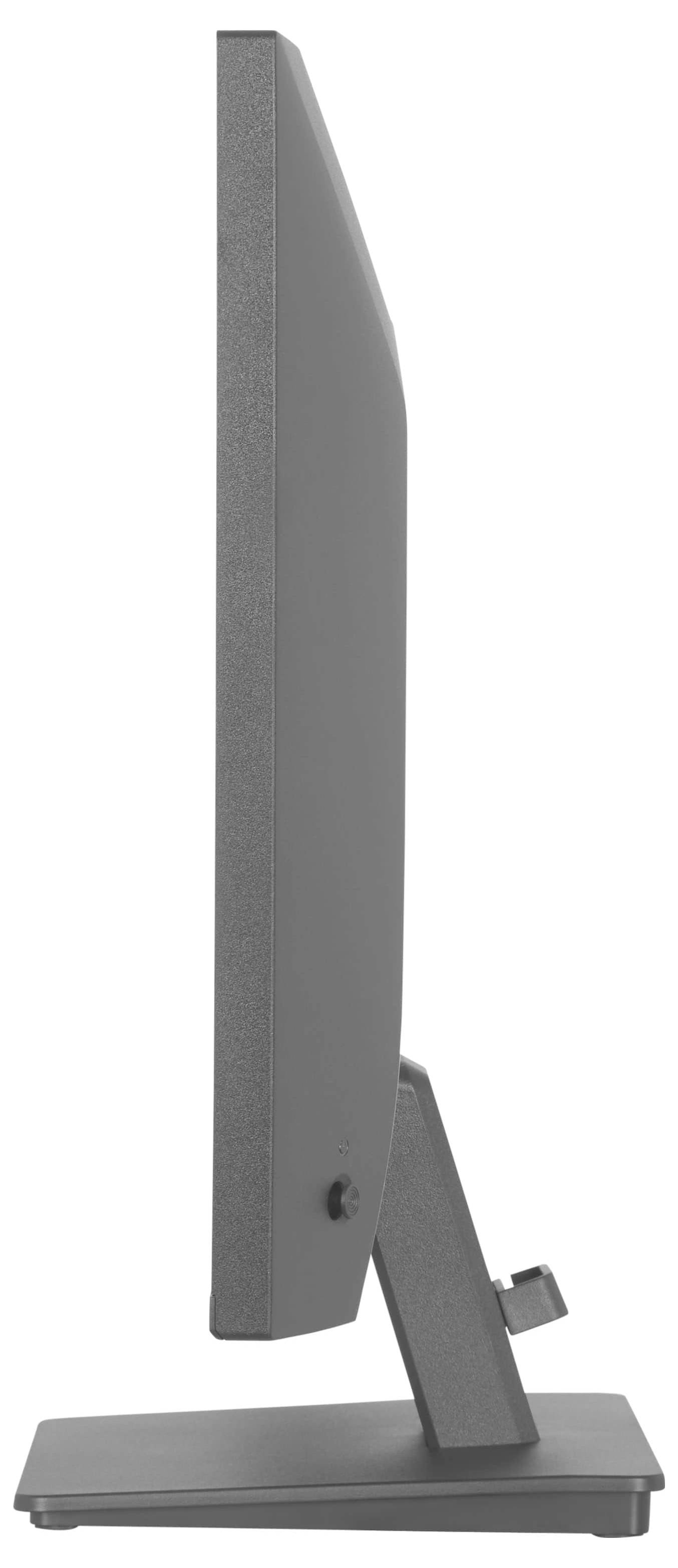 Eine Seitenansicht eines schlanken, modernen Computermonitors mit einem rechteckigen Sockelständer, die sein dünnes Design und sein elegantes Profil zeigt.