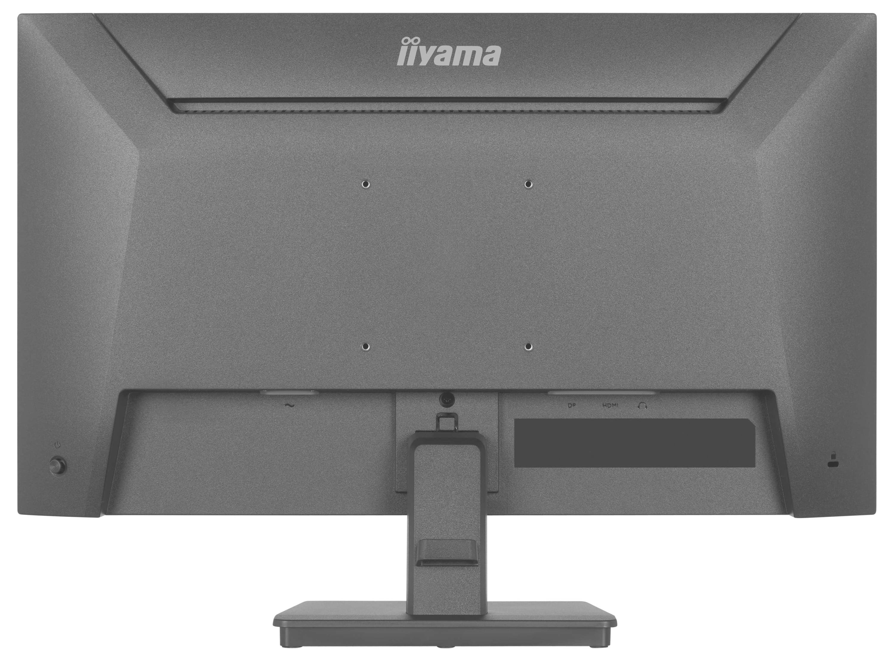 Ein Computermonitor von iiyama, Rückansicht mit Befestigungshalterung und Konnektivitätspanel.