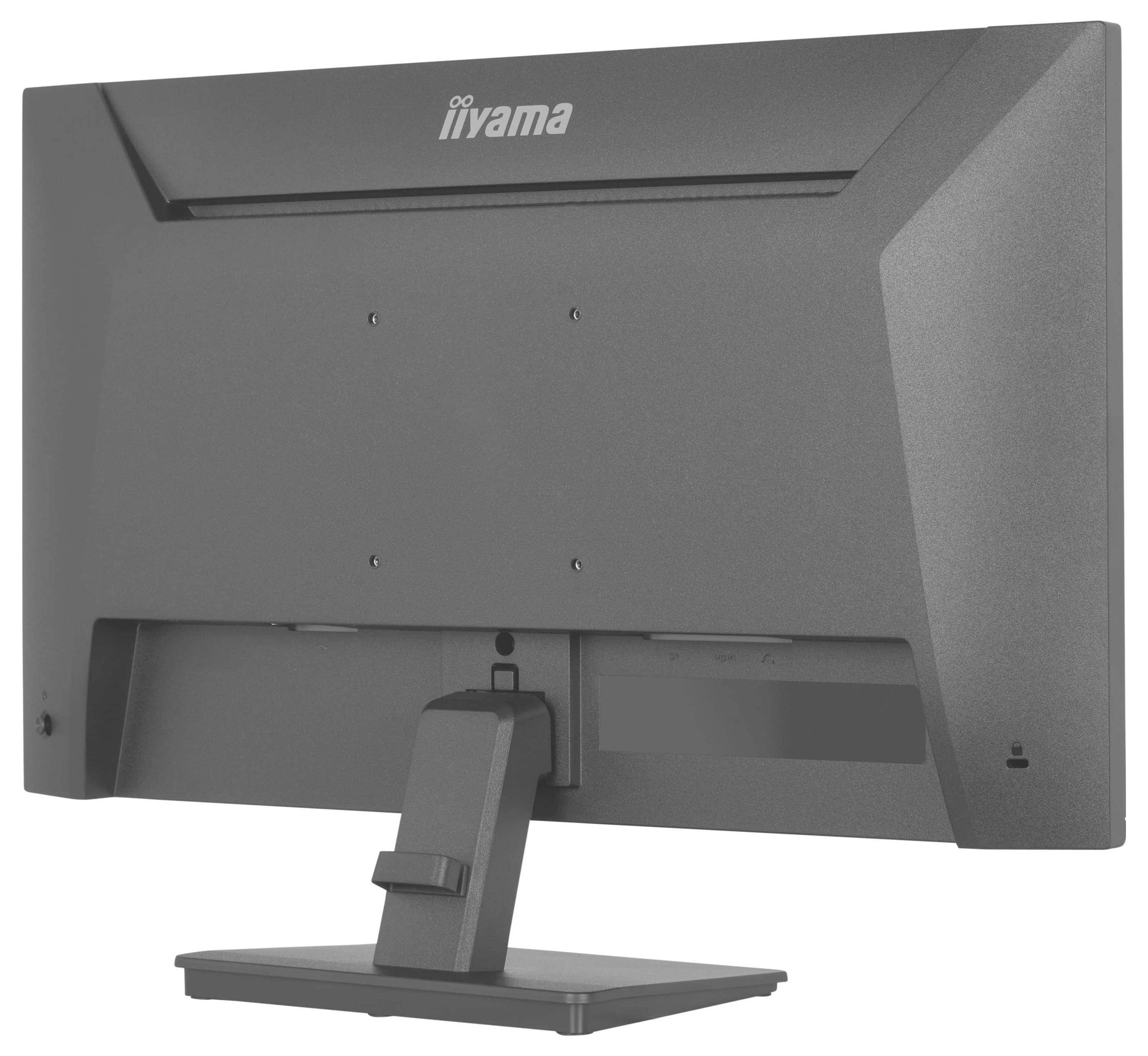 Ein dunkelgrauer Monitor von hinten betrachtet, mit einem rechteckigen Ständer und oben mit „iiyama