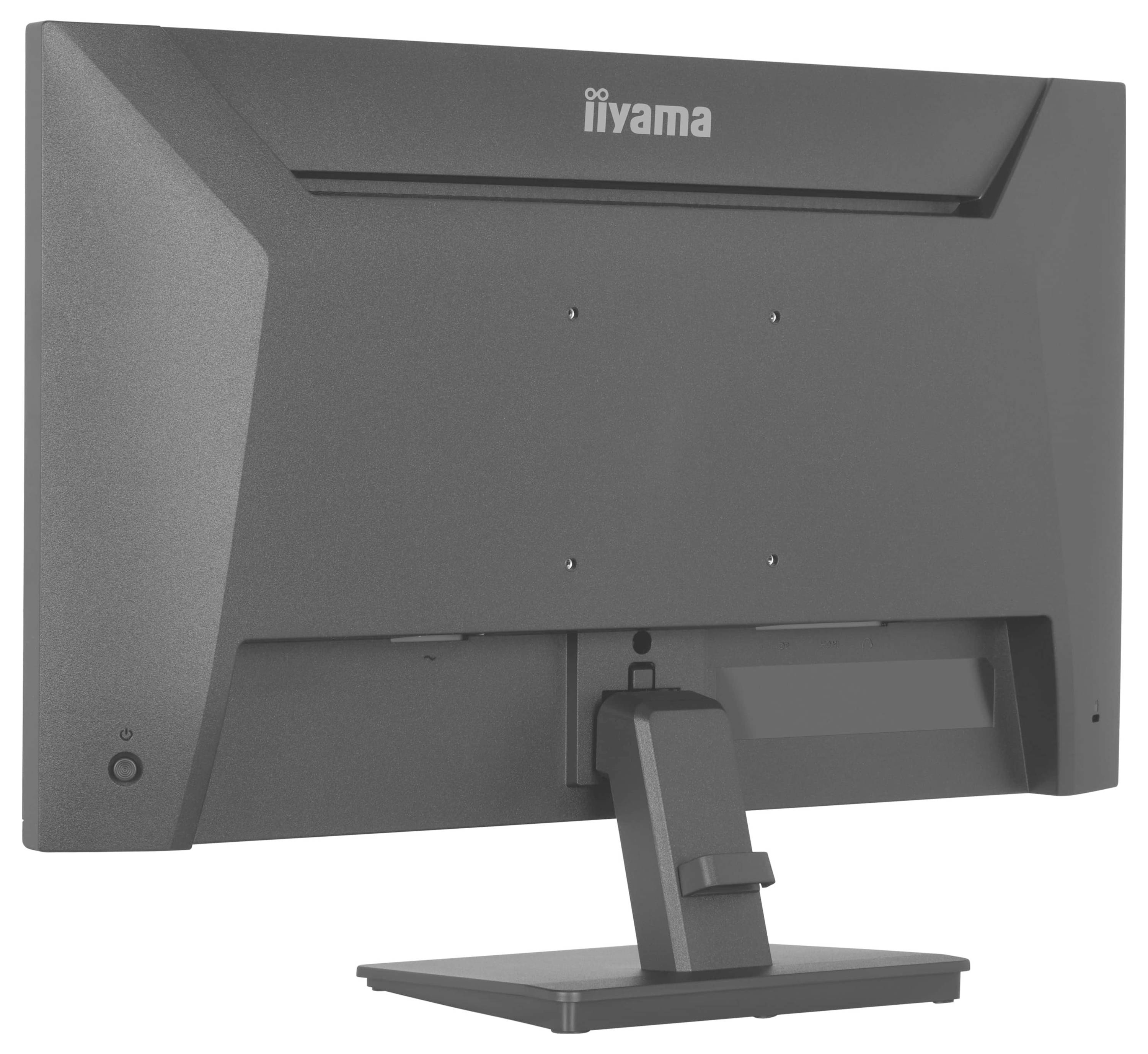 Ein schwarzer iiyama-Monitor von hinten betrachtet, der sein verstellbares Gestell und seine VESA-Befestigungspunkte zeigt.