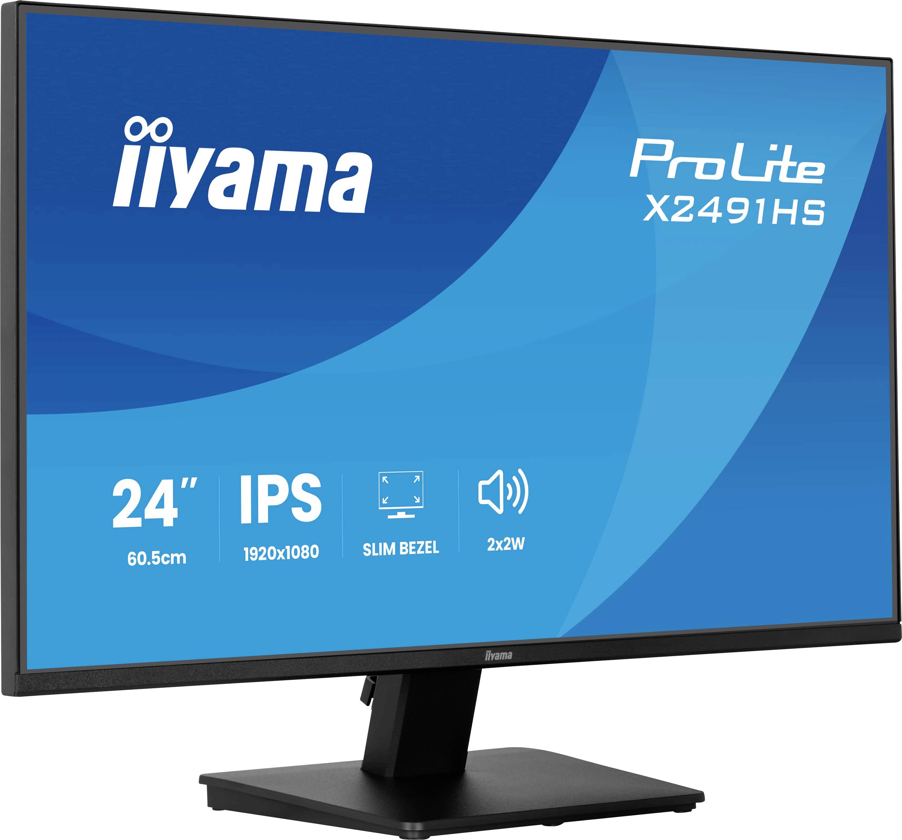 Iiyama ProLite X2491HS 24-Zoll-IPS-Monitor auf einem Ständer, mit 1920x1080-Auflösung, schmalem Rahmen und 2x2W-Lautsprechern.