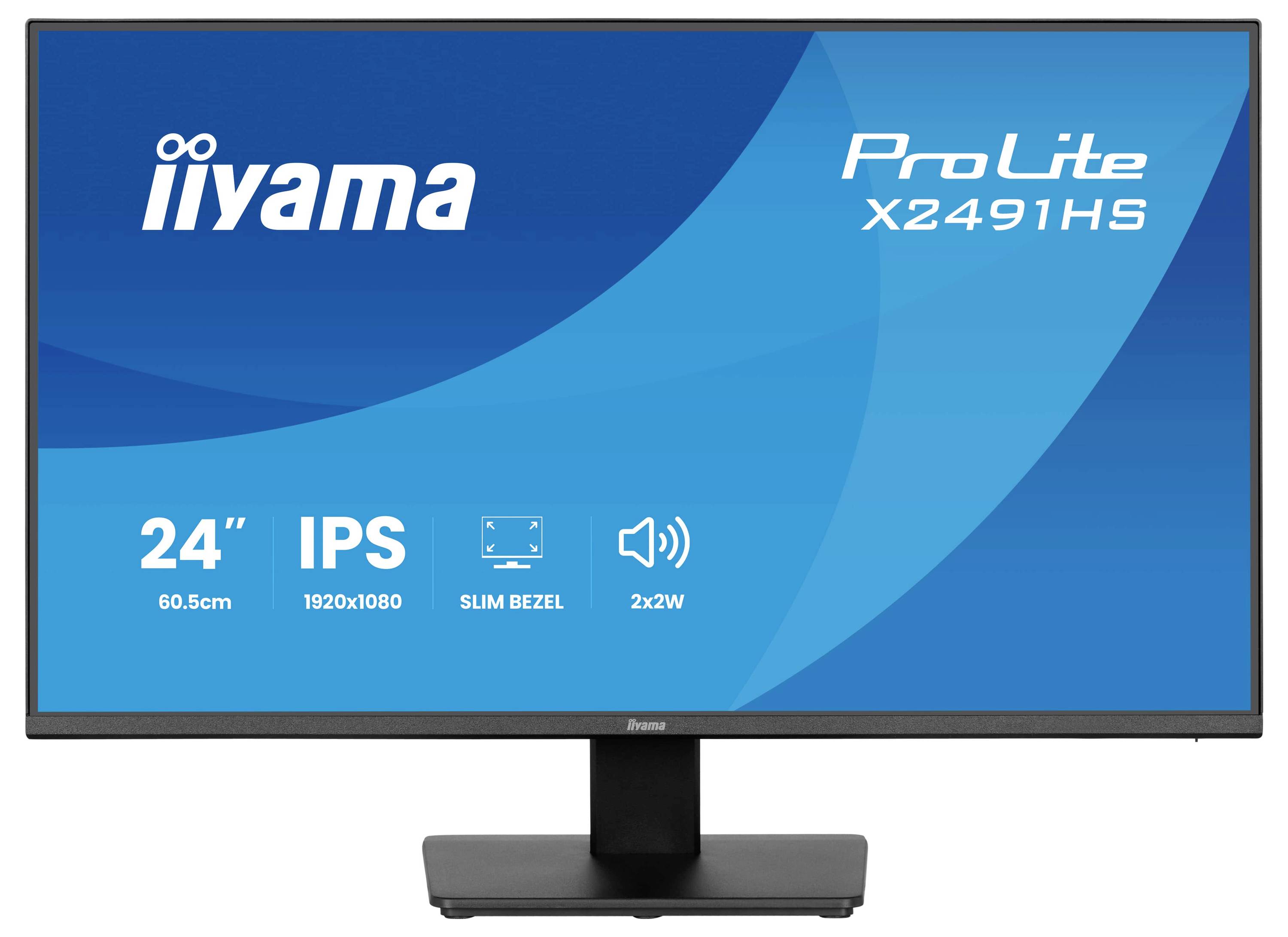 Ein breiter Computermonitor mit dünnem Rahmen zeigt Spezifikationen an: '24